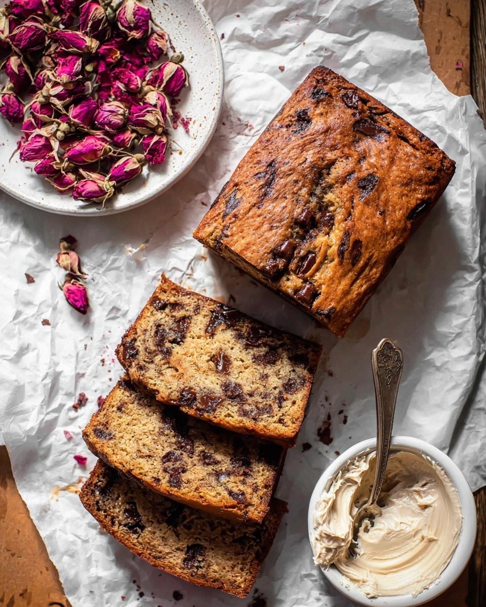The image shows three slices of chocolate chip banana bread stacked on a rustic surface. The top slice is whole with a golden brown crust and visible chocolate chunks. Below it, two slices are stacked, one partially on the other, showing a moist, speckled yellow interior with melted dark chocolate pieces spread throughout. To the right, there is a white bowl with light brown creamy spread and a vintage butter knife resting on the bowl's edge. In the upper left corner, a white bowl contains dried rose buds and petals, with more petals scattered around on the surface, all placed on a white marbled texture. photo taken with an iphone --ar 4:5 --v 7