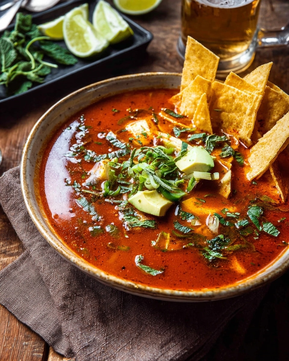 A white bowl filled with rich red soup that has a smooth, slightly oily texture, topped with three large golden-brown crispy tortilla chips standing upright on one side. The surface of the soup is scattered with small green chopped herbs and thin slices of green onion. There are chunks of white cheese and slices of creamy light green avocado floating near the edge. The bowl sits on a white marbled surface, alongside a glass of light amber liquid and a tray with lime wedges and fresh green mint leaves in the background. photo taken with an iphone --ar 4:5 --v 7