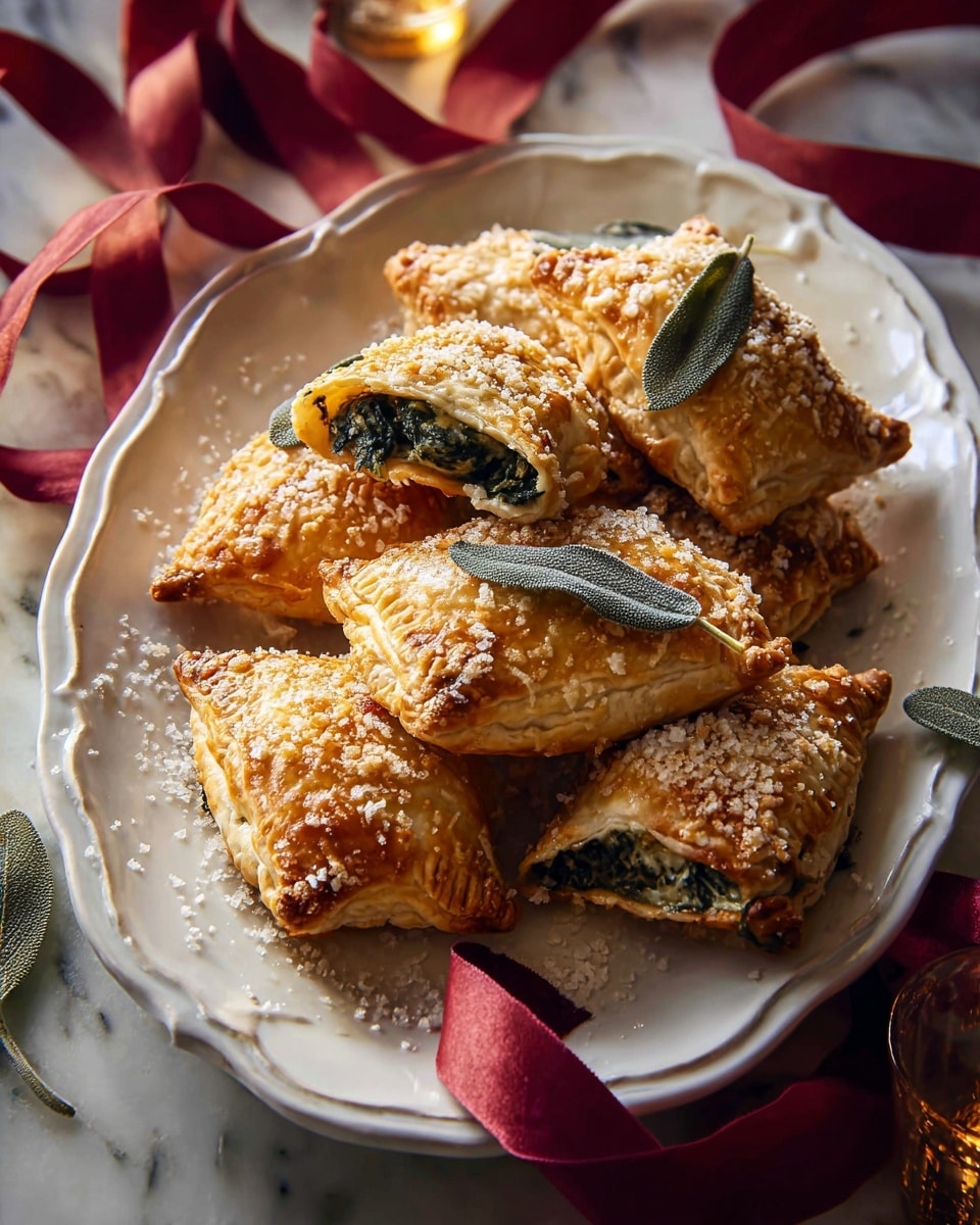 A white decorative plate holds several golden-brown puff pastries, each sprinkled with coarse white salt crystals and topped with a single crispy green sage leaf. The pastries are slightly rectangular and square, showing dark green spinach filling peeking from the edges. The plate is placed on a surface with a white marbled texture, and a red ribbon loosely curls around the plate’s edges, adding a festive touch. The lighting is warm, highlighting the flaky texture of the pastries and the rich colors of the sage leaves and filling. photo taken with an iphone --ar 4:5 --v 7