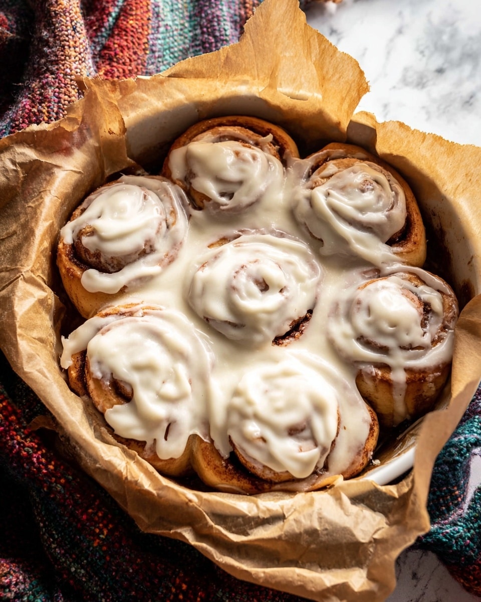 The image shows a round baking dish lined with crinkled parchment paper, containing seven cinnamon rolls all covered in thick, creamy white frosting. The cinnamon rolls have a golden-brown color with visible darker cinnamon swirls, peeking out beneath the smooth, glossy layer of frosting that looks soft and spread unevenly across the top. The rolls are tightly packed, filling the dish, and the edges of the parchment paper rise above them. The dish is placed against a soft, multicolored blanket and a white marbled surface dusted lightly with flour. Photo taken with an iphone --ar 4:5 --v 7