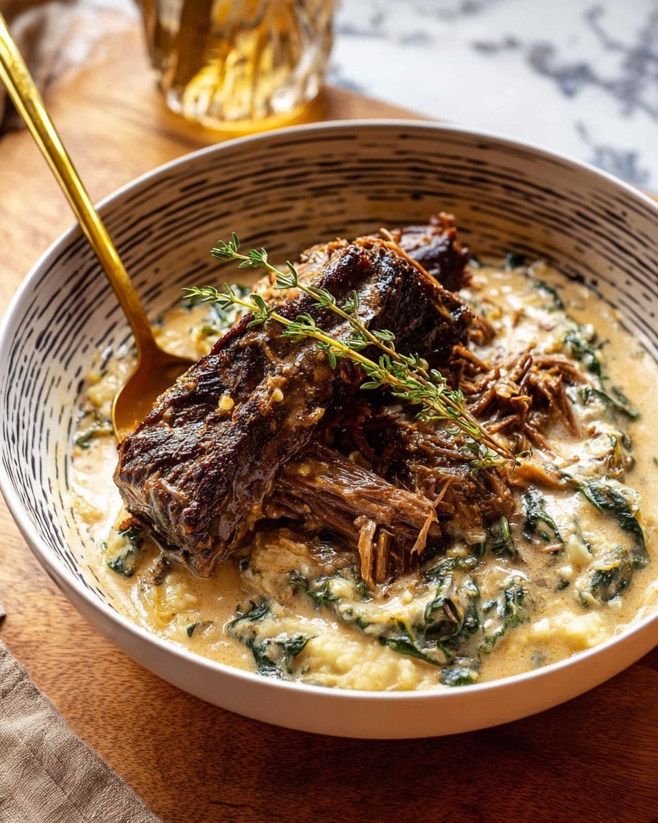 A white patterned bowl filled with creamy mashed potatoes as the bottom layer, topped with a rich brown and green creamy sauce containing spinach and mushrooms, next two large pieces of dark, tender braised beef ribs with visible shredded texture on top, garnished with fresh green thyme sprigs. A golden spoon rests on the bowl edge, with a grey cloth and brown leather strap nearby on a white marbled textured surface, pieces of torn bread and a glass of amber liquid in the background. Photo taken with an iphone --ar 4:5 --v 7