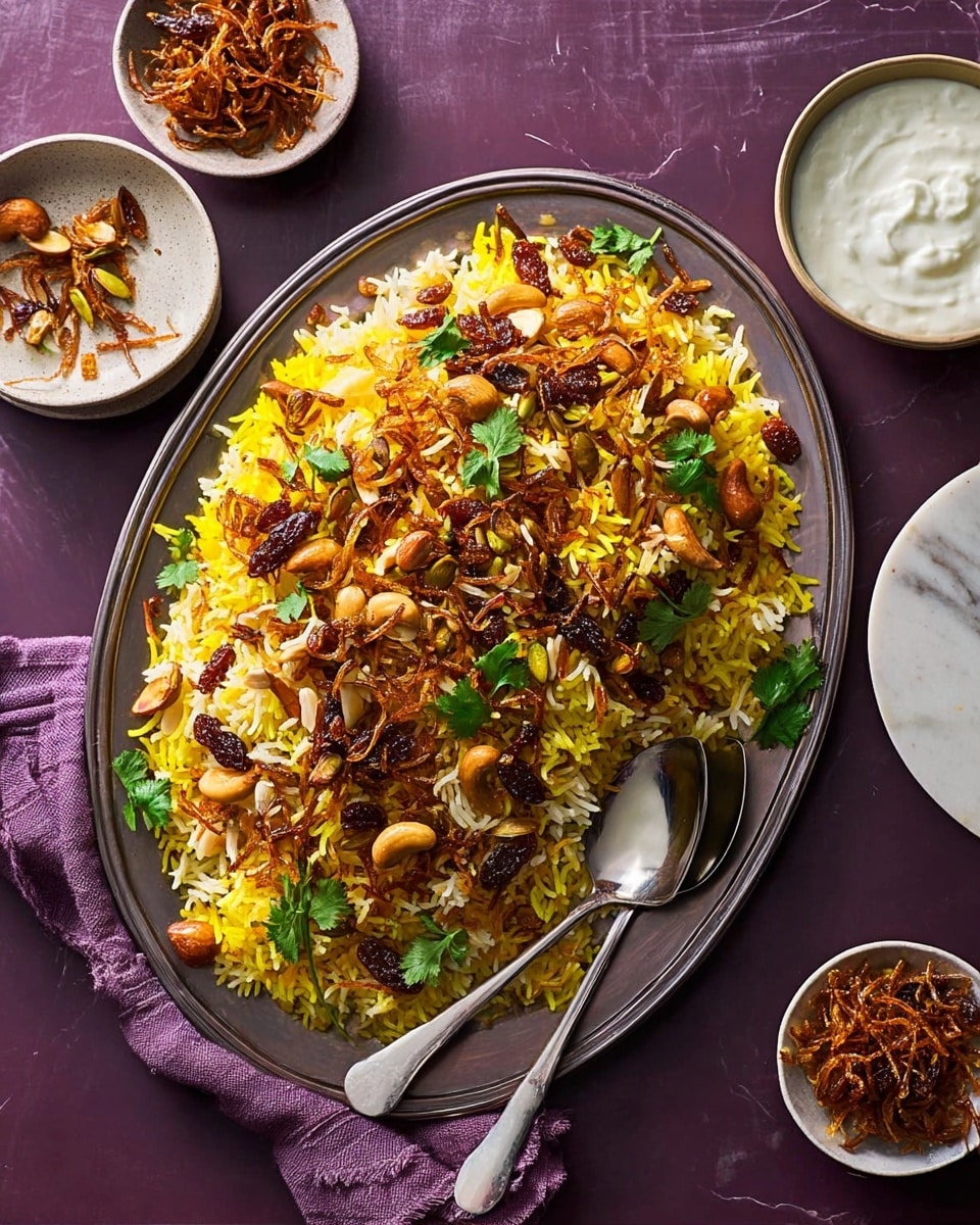 The dish is a large serving of yellow rice on a white oval plate with a matte finish. The rice is topped heavily with golden-brown fried onions, light brown cashew nuts, thin almond slices, orange dried apricot pieces, and dark raisins scattered throughout. There are also a few bright green fresh coriander leaves and a large cinnamon stick placed on top for garnish. A large serving spoon and fork rest on the plate. Around the plate, there are three small white bowls containing yogurt with a drizzle, thin fried onions, and mixed dried fruits. The plate and bowls sit on a deep purple cloth placed on a white marbled surface. photo taken with an iphone --ar 4:5 --v 7