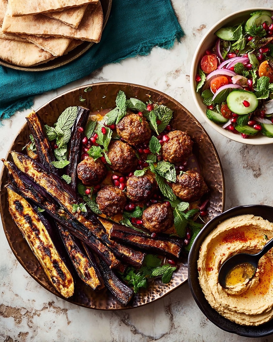 A large round metal plate holds a layered dish with two main parts: long, dark brown grilled eggplant slices with slightly charred edges spread across the plate, and a cluster of golden-brown meatballs on one side, all garnished with bright green cilantro and mint leaves and scattered red pomegranate seeds. To the top right, there is a white bowl with a fresh salad featuring layers of green spinach leaves, sliced cucumbers, tomato wedges, and thin purple onion strips. To the right, a white bowl filled with creamy beige hummus swirled on top and drizzled lightly with olive oil, with a dark spoon resting inside. On the left side, folded pieces of white pita bread peek out under a green cloth. The whole scene sits on a white marbled surface that contrasts with the warm colors of the food. photo taken with an iphone --ar 4:5 --v 7