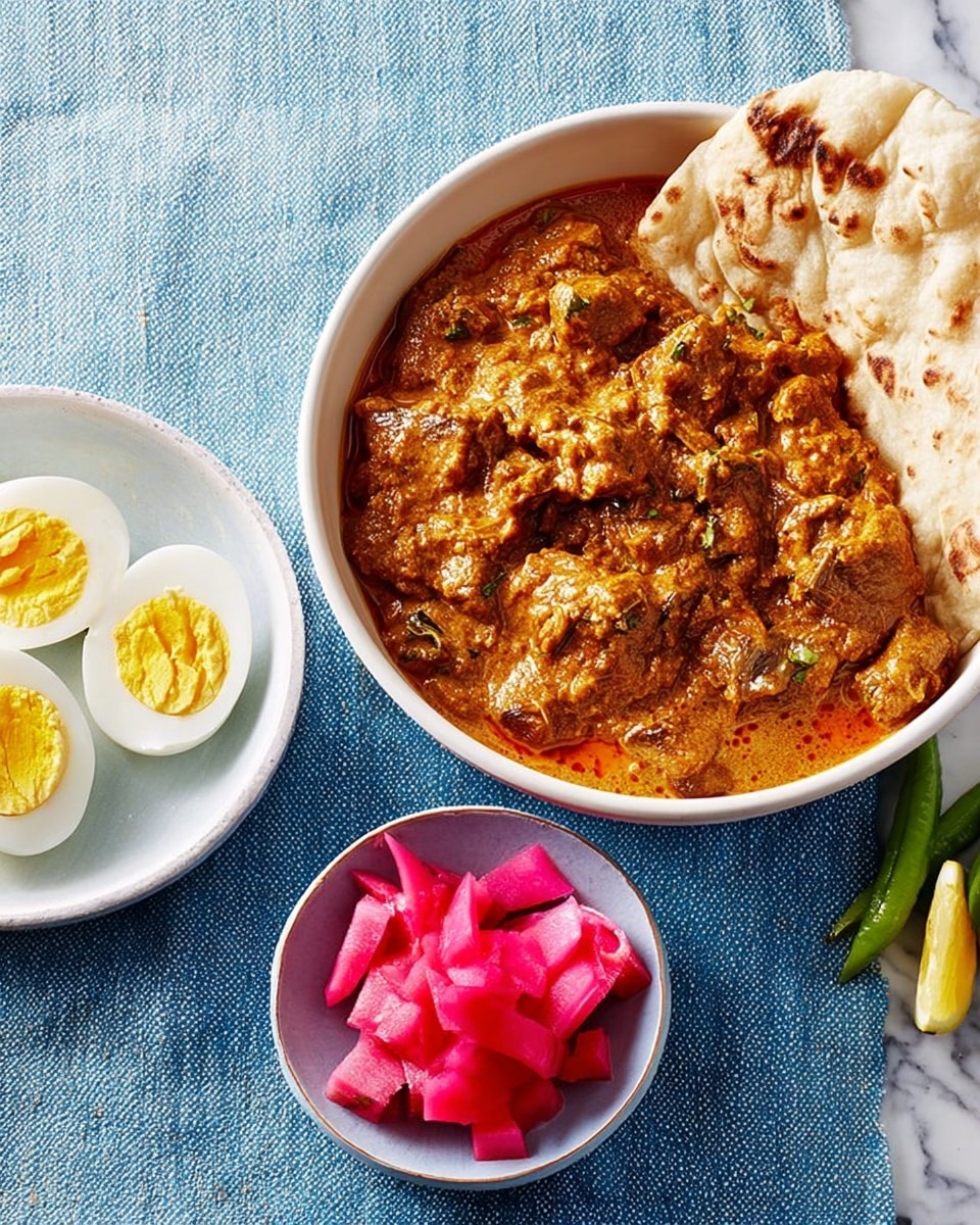 The image shows a white bowl filled with a thick, creamy orange-brown curry with visible chunks and bits of red, topped with a large, uneven piece of flatbread resting on the side. Below this bowl, there is a smaller white bowl with four halved boiled eggs displaying bright orange yolks, and next to it, a deep blue bowl contains vibrant pickled vegetables including bright pink cubes, green chili peppers, and a lemon wedge. All items are placed on a textured blue fabric laid over a white marbled surface. photo taken with an iphone --ar 4:5 --v 7