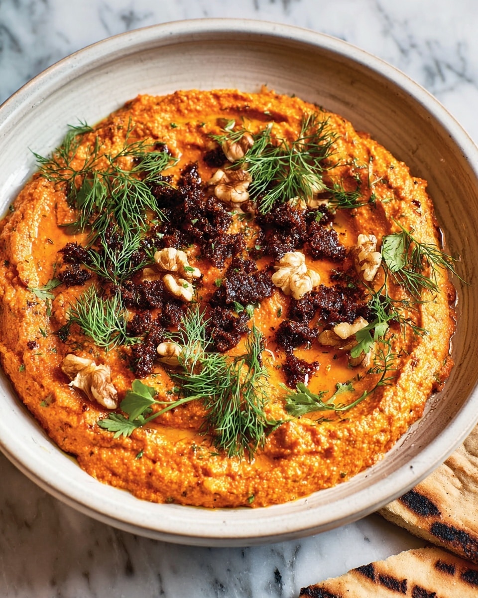 A shallow white bowl holds a thick layer of bright orange spread with a slightly coarse texture, covering the bottom evenly. On top of this spread, small dark brown crispy bits are scattered in patches around the surface. Fresh green parsley leaves and delicate dill sprigs are placed sporadically on the spread, adding contrast with their bright green color. Light brown walnut pieces are also sprinkled on the top, adding texture and color variety. The bowl sits on a white marbled surface, and a piece of grilled flatbread with dark grill marks is partially visible in the bottom right corner. Photo taken with an iphone --ar 4:5 --v 7