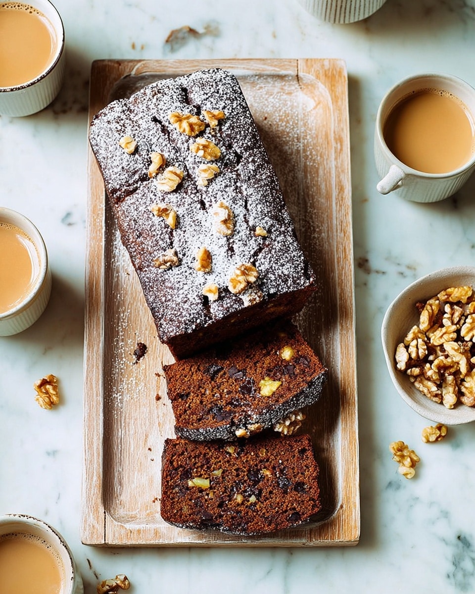 A rectangular loaf of dark brown nut bread sprinkled with powdered sugar covers most of a light wooden tray, with crunchy walnut pieces spread on top. Two slices of the bread, showing a dense texture with nuts and dried fruits inside, lie next to the loaf on the same tray. Around the tray on a white marbled background, there are two white cups filled with light brown coffee, a small white bowl filled with walnut halves, and some walnut pieces scattered loosely. The setup feels warm and inviting. photo taken with an iphone --ar 4:5 --v 7
