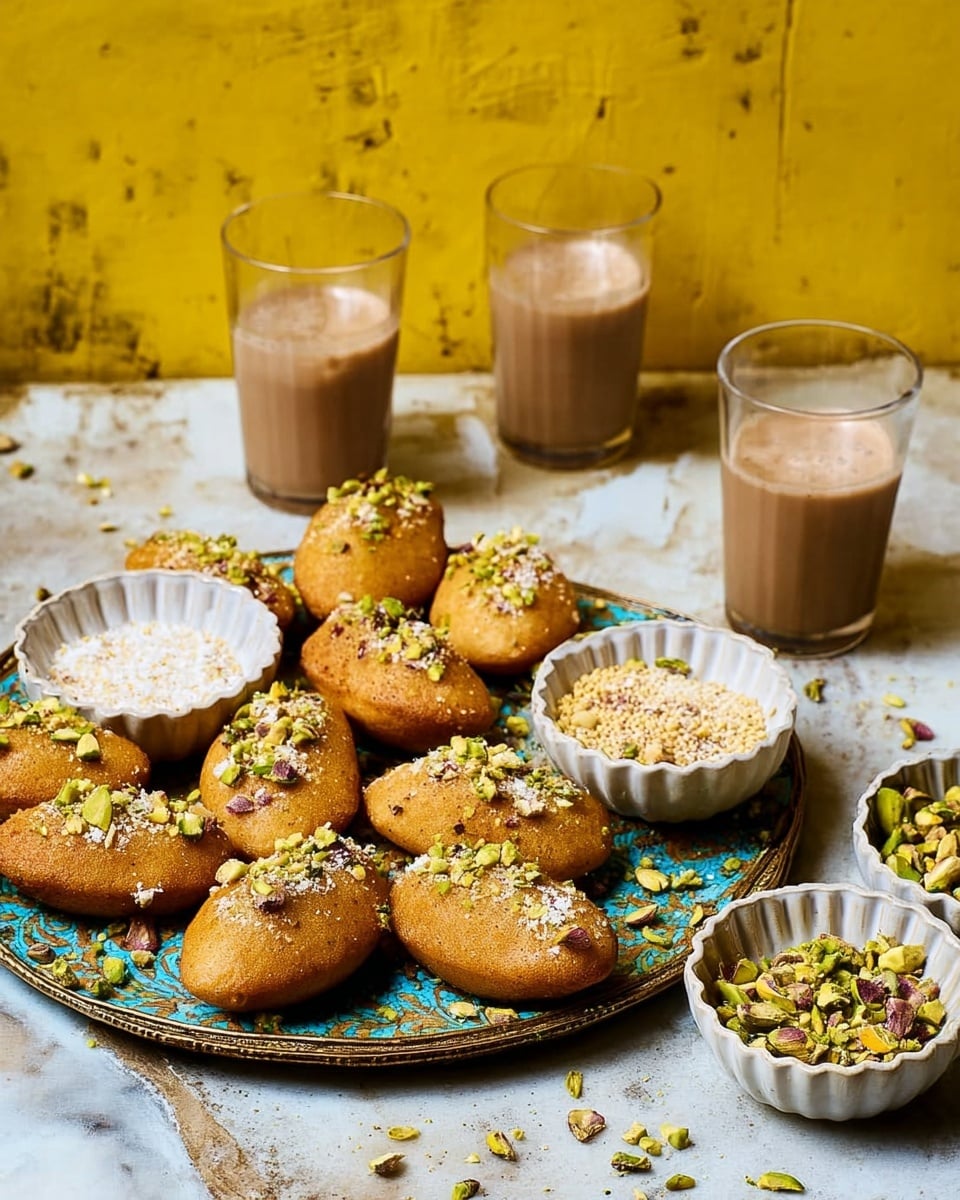 A round brass tray holds twelve small pieces of light brown sweet, each shaped like a small oval and sprinkled with chopped white nuts and green pistachios. Two colorful paper cups—one blue and the other yellow—contain more chopped nuts and are placed on the tray. Three clear glasses filled with frothy brown chai tea are arranged around the tray. The tray is set on a blue textured surface with a worn look, and the background is a bright yellow wall with some marks on it. photo taken with an iphone --ar 4:5 --v 7