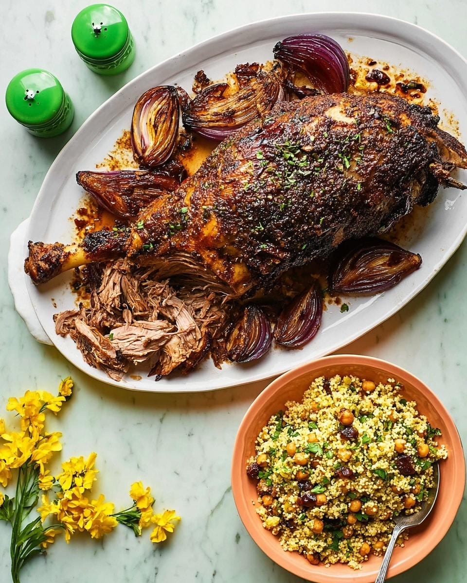 A large white oval plate holds a cooked lamb shank with a rich, dark brown glaze, seasoned and slightly charred on top, sitting on a bed of roasted red onion wedges that are caramelized with darkened edges, creating a mix of deep purple and reddish-brown colors around the lamb. Next to it is a pink bowl filled with fluffy yellowish couscous, mixed with small chickpeas, raisins, and green herbs, giving it a speckled texture and pops of color, placed on a white plate. A spoon rests in the couscous, and a small bunch of yellow billy button flowers with green leaves sits on the left side. The entire scene is set against a white marbled surface. photo taken with an iphone --ar 4:5 --v 7