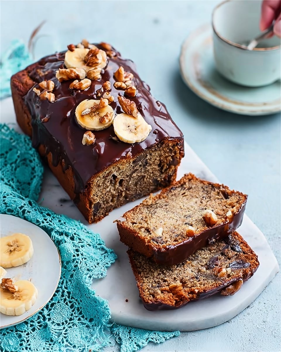 The image shows a loaf of banana nut bread with chocolate glaze and a topping of banana chips and walnuts on it. The bread is cut to reveal two slices lying flat in front of the loaf, showing a moist inside with dark spots of nuts or chocolate chips. The loaf rests on a light blue board with a white marbled surface beneath. To the left, a white plate with gold edges contains some banana chips, and above it, two stacked white cups and saucers are partially visible. A woman's hand with blue cloth nearby is on the right side. The colors are warm with browns of the bread and glaze, yellows from the banana chips, and a cool blue textile and board background. Photo taken with an iphone --ar 4:5 --v 7