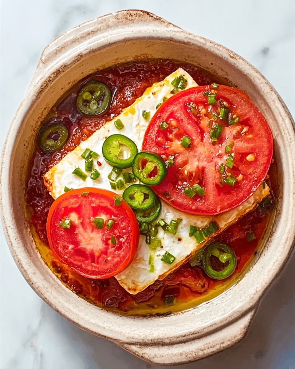 The dish is served in a round, white plate with a rustic, textured look. At the center is a thick white block of cheese topped by two slices of bright red tomato. Around the cheese, there are many green sliced peppers scattered on a reddish sauce. Small green herbs and black pepper bits are sprinkled on top, adding contrast and freshness. The plate is placed on a white marbled surface, giving a clean and simple background. photo taken with an iphone --ar 4:5 --v 7