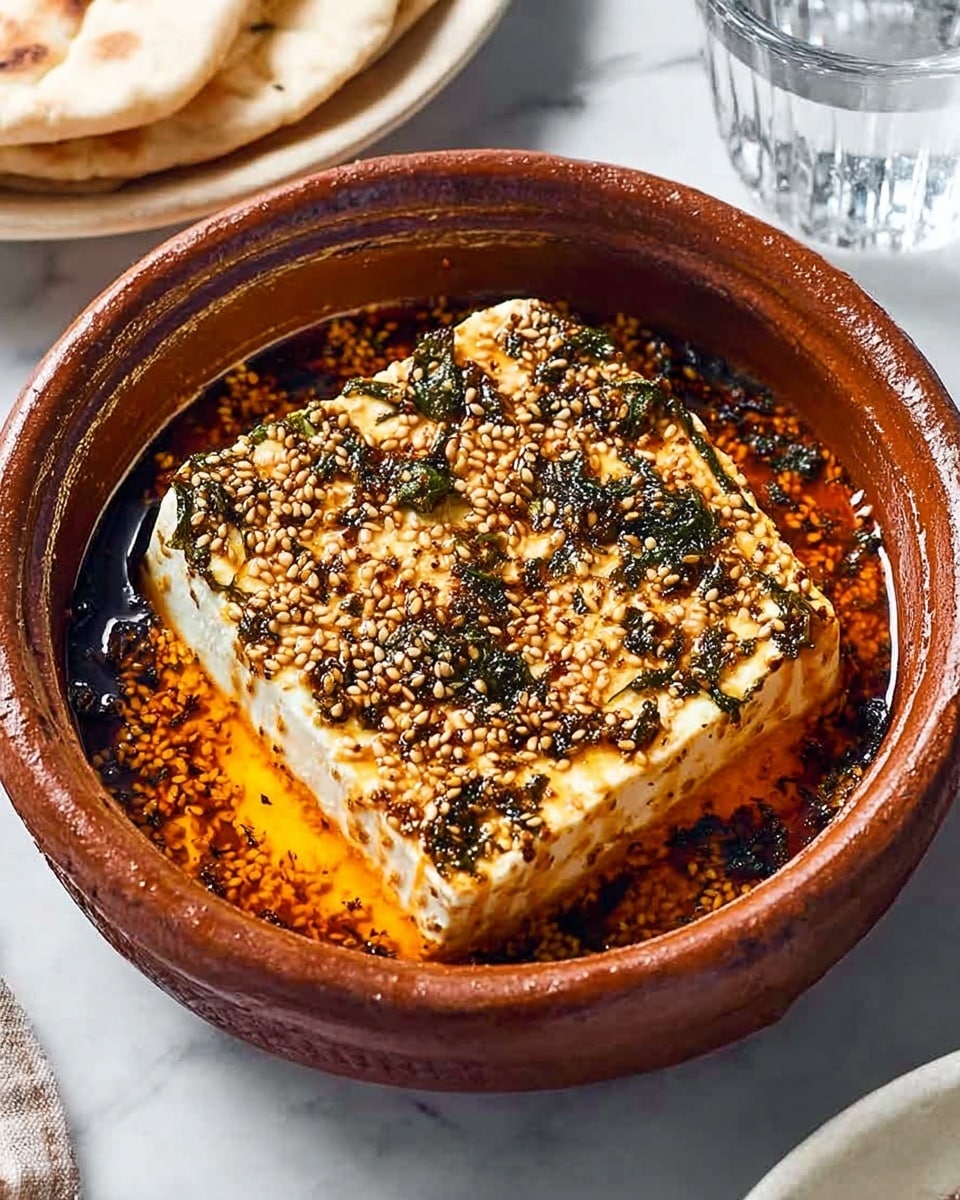 The image shows a round red clay bowl holding a square block of grilled cheese topped with a mix of sesame seeds and small green herb leaves. The cheese has a golden-brown crust with some darker grill marks. Around the cheese inside the bowl is a layer of reddish oily sauce with scattered sesame seeds floating in it. The bowl is placed on a white marbled surface with a glass of water and folded white cloth napkin next to it. Photo taken with an iphone --ar 4:5 --v 7