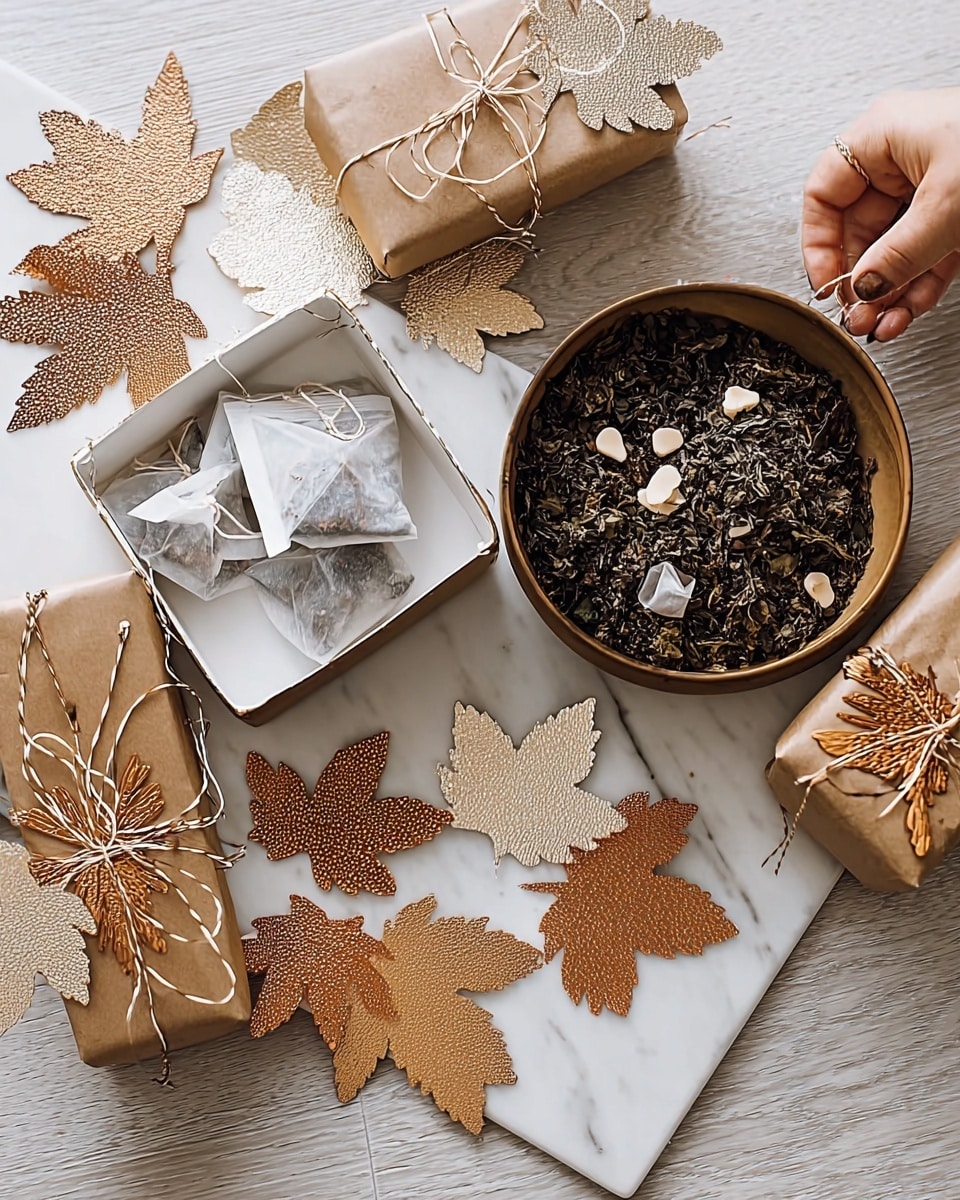 The image shows a top view of a round dish filled with a dark green, textured mixture that looks like dried herbs or leaves, with some few light-colored almond slices on top. The dish is placed on a white marbled surface alongside a metal square tray holding several small white tea bags with string tags. Around these items, there are two white gift boxes decorated with shiny golden press paper leaves and golden ribbons, with small white cards attached. The scene is bright and neat, focusing on the natural, earthy colors of the food and decorations. Photo taken with an iphone --ar 4:5 --v 7