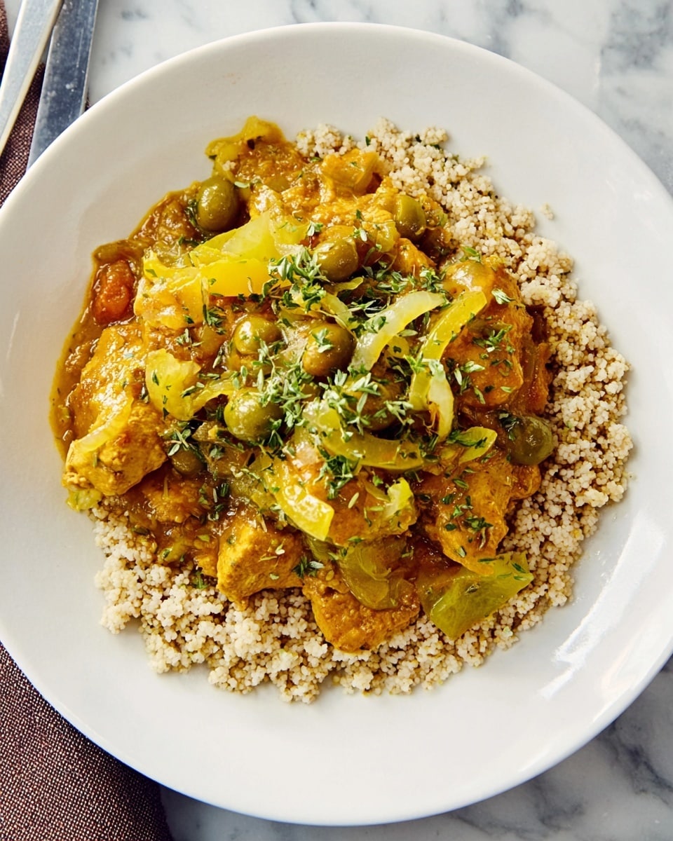 A white plate filled with a base layer of fluffy quinoa grains, light beige in color with a soft texture. On top, two pieces of golden brown chicken, covered in a rich, chunky sauce made from cooked yellow onions, green olives, sliced cooked tomatoes, and green herbs, creating a bright and fresh mix of yellow, green, and red tones. The sauce looks thick and slightly oily, draping over the chicken and quinoa in an inviting way. The plate rests on a white marbled surface, with a dark wooden-handled knife positioned to the right side. Photo taken with an iphone --ar 4:5 --v 7