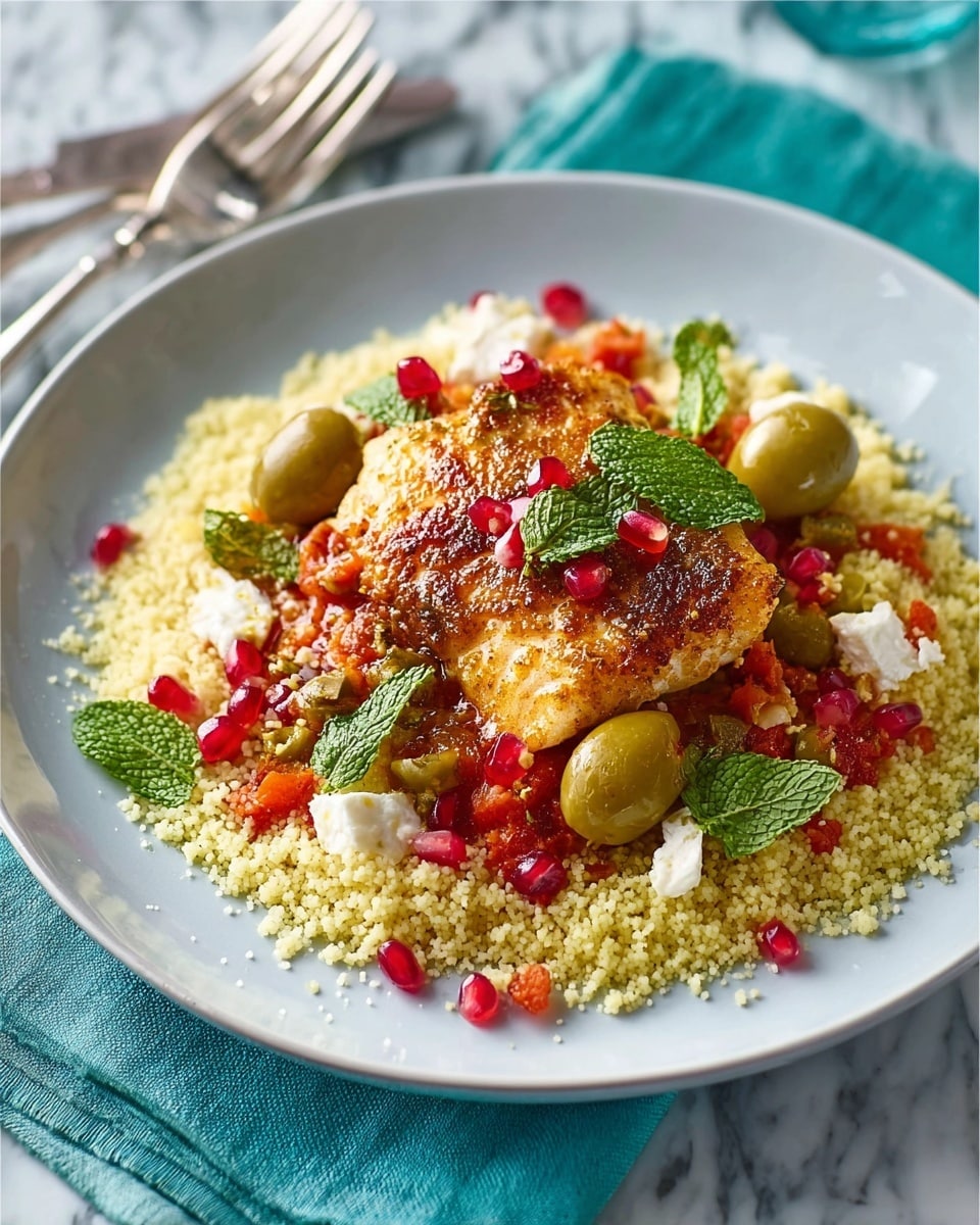 This image shows a white round bowl filled with a colorful dish on a white marbled surface. The bottom layer is light yellow couscous with a fluffy texture covering the base of the bowl. On top, there is a cooked golden-brown piece of fish in the center, slightly crispy on the edges. Around the fish, there are scattered bright red pomegranate seeds, light green olives, and chunks of white cheese that look soft. Some fresh green mint leaves are placed on top and around the fish, adding a fresh touch. The dish is vibrant with warm and cool colors blending well. Photo taken with an iphone --ar 4:5 --v 7