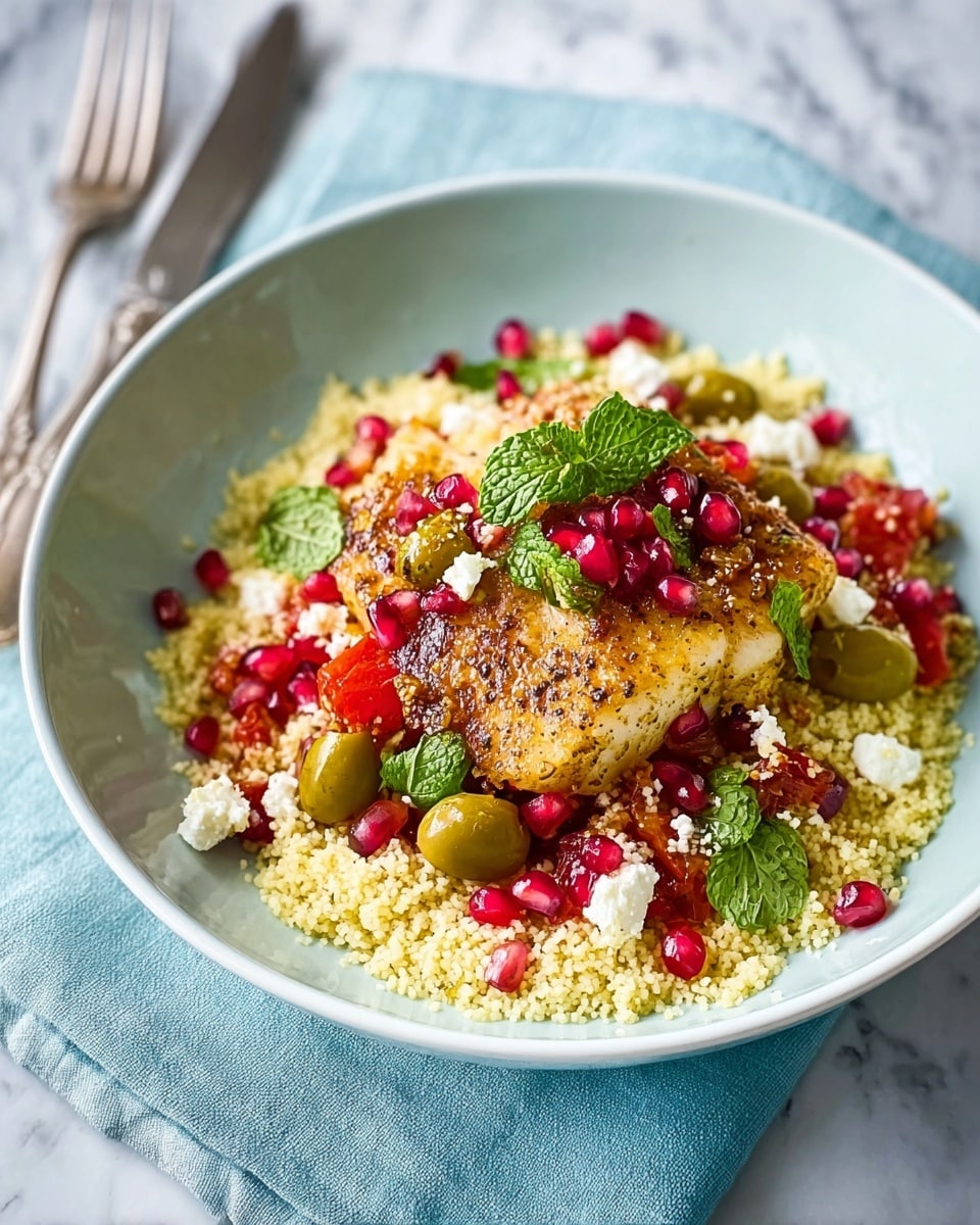 The image shows a white bowl filled with a base layer of light yellow couscous. On top of the couscous, there is a golden-brown piece of cooked fish with crispy edges, placed slightly to the side. Around the fish, there are green olives, small red diced tomatoes, and soft white crumbled cheese scattered. Bright red pomegranate seeds and fresh green mint leaves are sprinkled on top, adding color contrast. The bowl is placed on a white marbled surface with a light blue cloth and silver fork to one side. Photo taken with an iphone --ar 4:5 --v 7