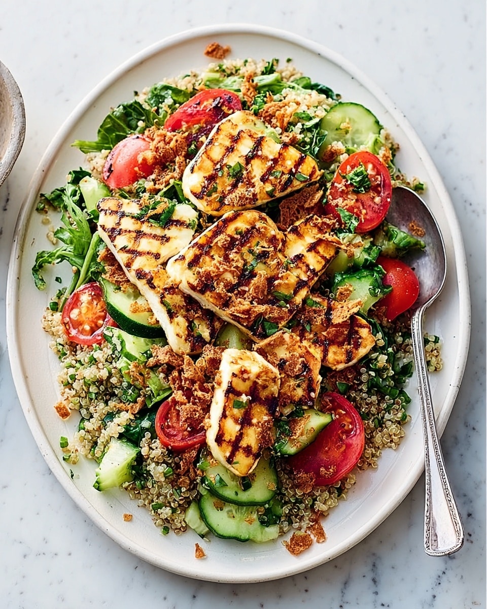 A white oval plate sits on a white marbled surface, filled with a fresh salad that has multiple layers and colors. At the base, there is a mix of light tan quinoa grains, spread out unevenly. On top, there are bright green leaves and slices of cucumber with soft green edges. Red tomato wedges add vibrant color, placed around the plate. Large pieces of grilled cheese, marked with crisp brown grill lines, sit on top, arranged in a scattered pattern. Small green herbs are sprinkled over the whole dish, with some light crumbly pieces of bread or crackers scattered throughout. Photo taken with an iphone --ar 4:5 --v 7