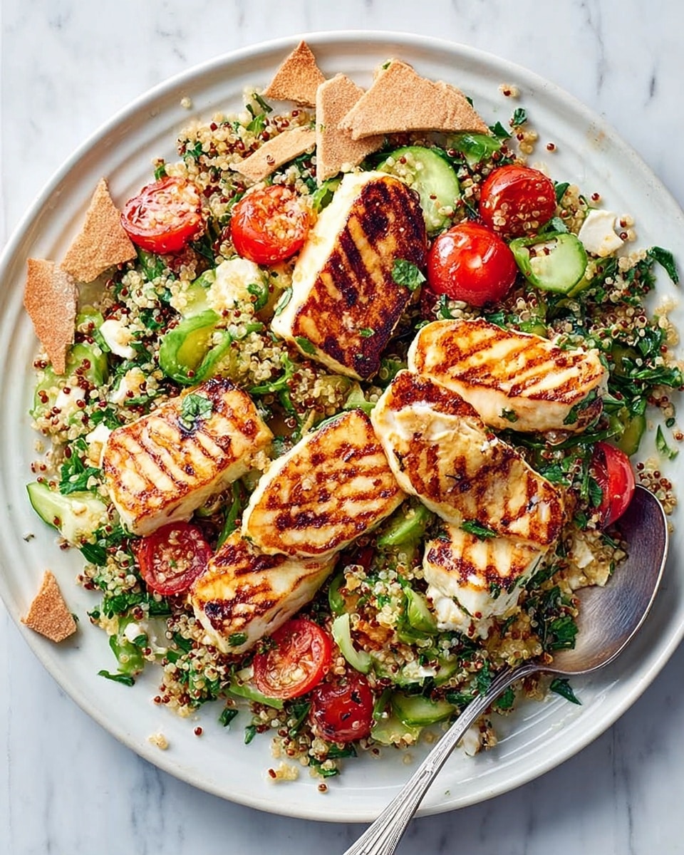 The dish is presented on a white oval plate set on a white marbled surface, featuring a colorful and fresh salad with layers. The bottom layer is a bed of light beige quinoa grain that looks fluffy and slightly crumbly. On top, there is a mix of bright green chopped herbs and sliced vegetables including green onions and cucumber slices, adding a fresh and crunchy texture. There are scattered tomato wedges adding bright red and juicy elements. Large grilled halloumi cheese pieces with dark brown grill marks are placed on top, showing a golden-yellow color with charred lines, giving a warm and inviting feel. Small pieces of light brown crispy pita bread are mixed within, adding a crunchy and toasted texture to the salad. The dish looks fresh, vibrant, and inviting, like a healthy and colorful summer meal. Photo taken with an iphone --ar 4:5 --v 7