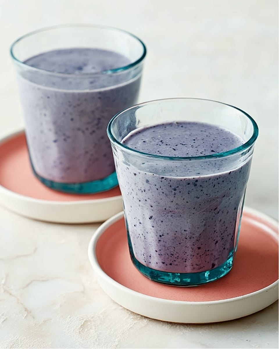Two clear glass cups filled with a smooth light purple smoothie that has small darker dots throughout, sitting on white plates with coral orange centers, all placed on a white marbled surface. photo taken with an iphone --ar 4:5 --v 7