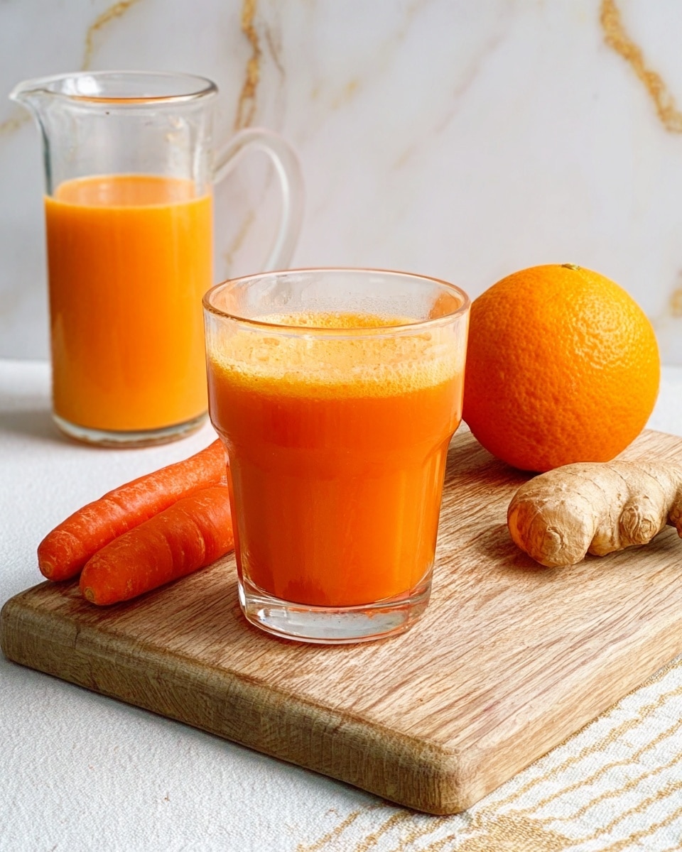 A clear glass filled halfway with bright orange juice sits on a wooden cutting board, with a larger glass container of the same juice behind it on the left, showing some juice splashes inside. To the right on the cutting board, there is a fresh orange, two smooth carrots, and a piece of knobby ginger, all arranged neatly. The background and surface have a white marbled texture, creating a clean and fresh look. photo taken with an iphone --ar 4:5 --v 7