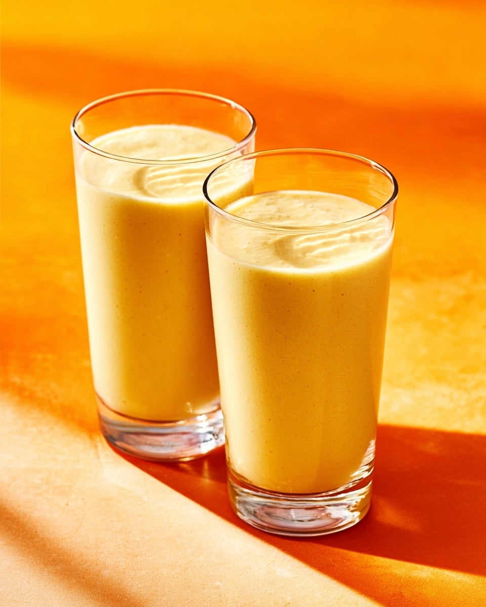 Two tall clear glasses filled with a smooth, creamy yellow drink sit side by side on a white marbled surface. The drink has a slightly frothy texture on top with gentle ripples. The background is bright orange, making the yellow drink stand out vividly. The glasses are simple and transparent, showing the even color and creamy thickness of the drink clearly. photo taken with an iphone --ar 4:5 --v 7