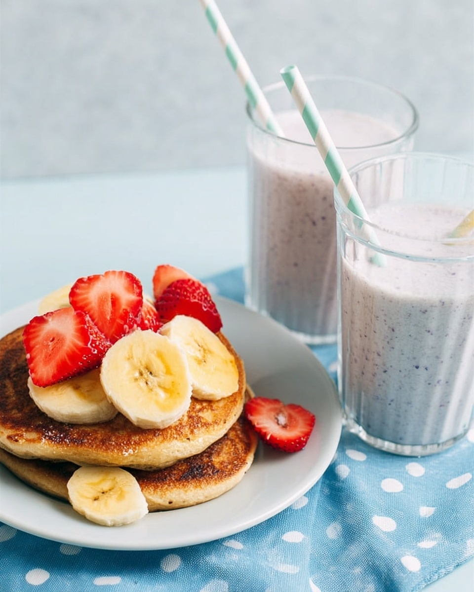 The image shows two clear tall glasses filled with a creamy, light purple smoothie that has small dark specks throughout, indicating blended fruit or seeds. Each glass has a striped straw, one blue and white and the other light green and white, sticking out from the top. In front of the glasses is a white plate with a stack of two golden pancakes topped with slices of banana and fresh strawberry pieces. The plate is placed on a light blue cloth with white polka dots, and the background surface is a white marbled texture. photo taken with an iphone --ar 4:5 --v 7