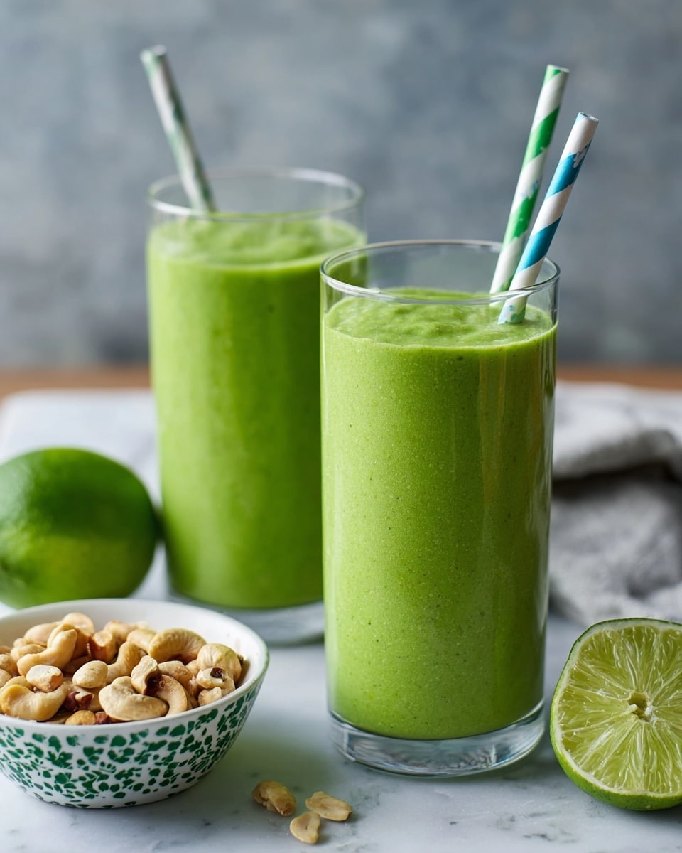 Two tall clear glasses are filled with a bright green smoothie that looks thick and creamy. Each glass has a striped paper straw, one green and white and the other blue and white, sticking out. In front of the glasses, there is a whole green lime and a squeezed half showing its juicy inside. Behind the glasses, a white bowl with a green patterned rim is filled with mixed nuts. The items sit on a white marbled surface with a soft blurred dark background. Photo taken with an iphone --ar 4:5 --v 7