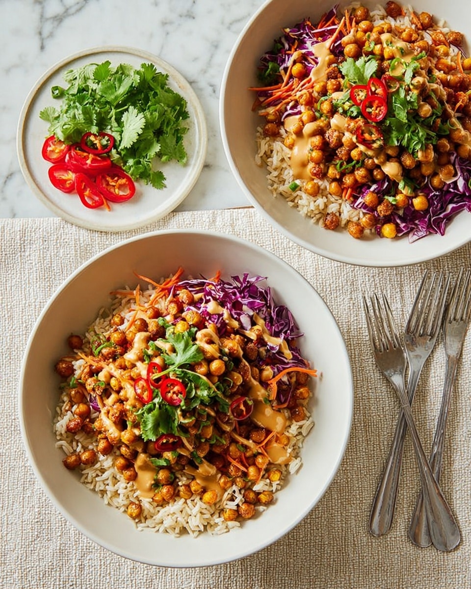 Two white bowls filled with layers of food sit on a light beige textured cloth over a white marbled surface. Each bowl has a base layer of cooked brown rice with a slightly rough texture, topped with a mix of crispy chickpeas and shredded purple cabbage adding crunchy orange and purple colors. On top, there are small red chili slices and bright green chopped herbs. To the left, a small white plate holds fresh green cilantro bunches and some red chili slices. Two silver forks are placed on the right side of the image. Photo taken with an iphone --ar 4:5 --v 7