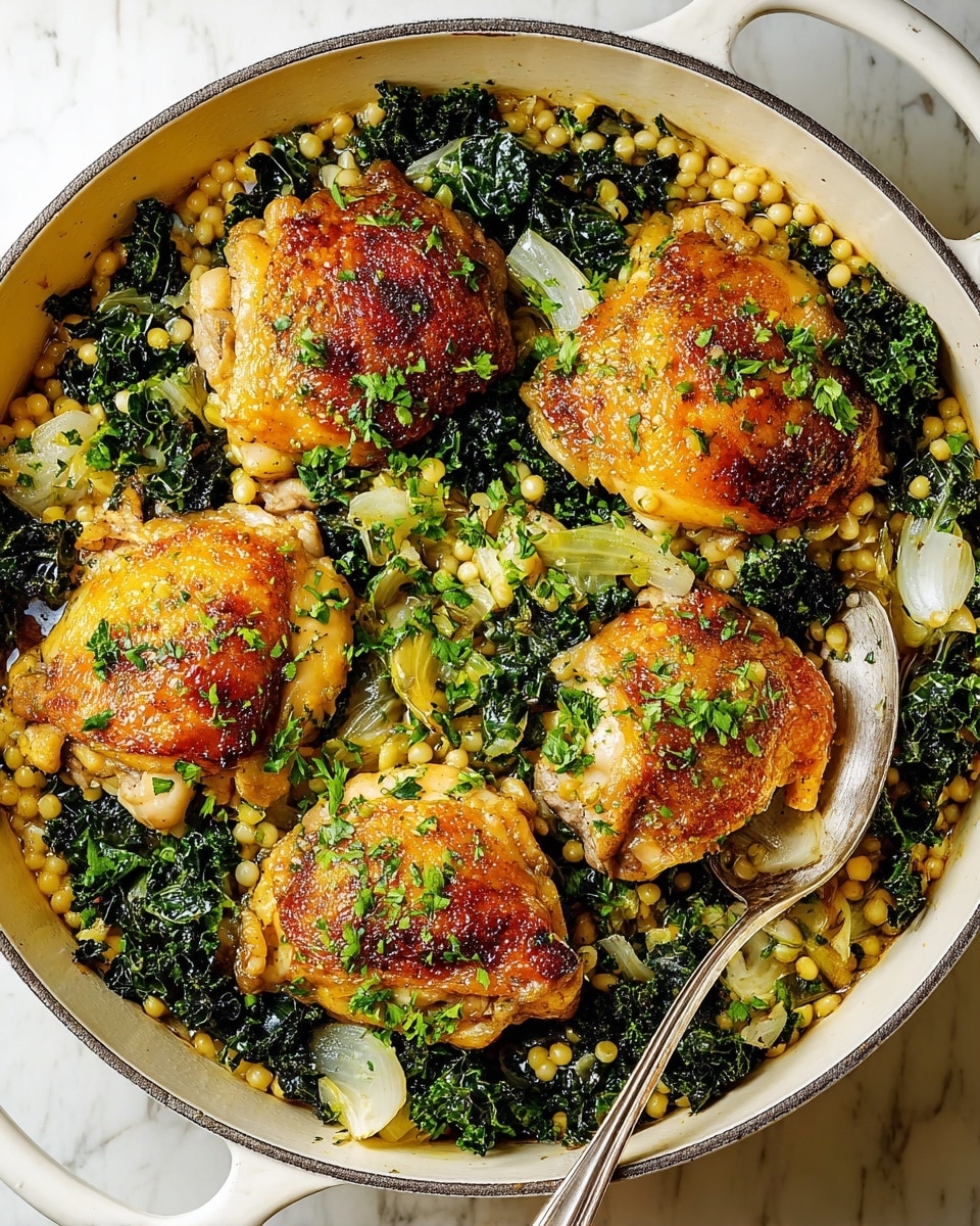 A round white pot filled with four pieces of golden-brown cooked chicken thighs placed on top of a bed of small, pale yellow pasta pearls mixed with dark green leafy vegetables and bits of light onion pieces; the chicken thighs are sprinkled with bright green chopped herbs, and a shiny silver spoon rests inside the pot on the right side, all set against a white marbled surface. photo taken with an iphone --ar 4:5 --v 7