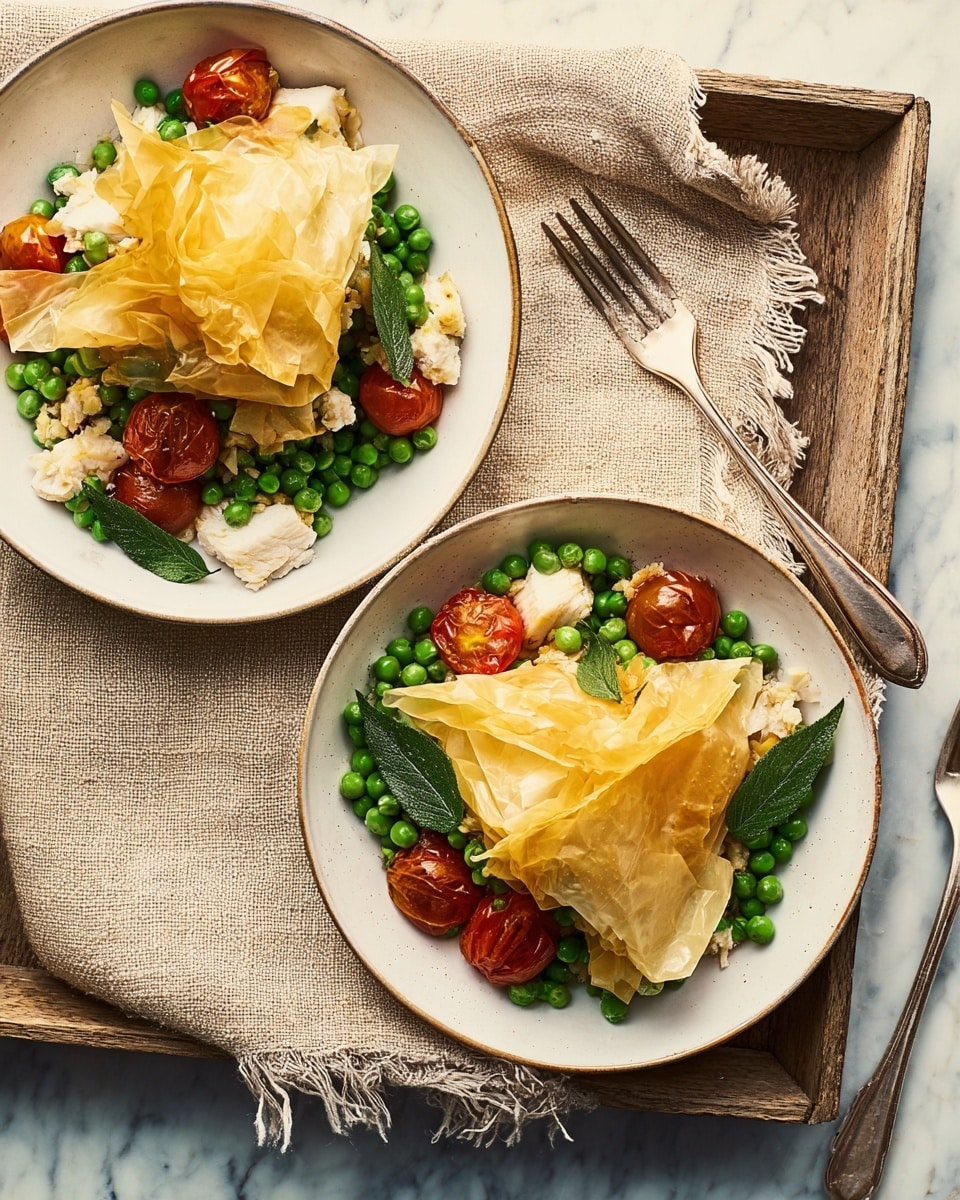 Two beige bowls sit on a wooden tray over a white marbled textured surface, each filled with a colorful dish containing three main layers: golden-brown crispy baked phyllo dough pouches at the top left, bright green peas scattered mainly on the right side, and soft white fish chunks mixed with small roasted red tomatoes and dark green bay leaves spread throughout. A woman's hand has not appeared in this image. A metal fork and knife are placed to the left side of the tray, alongside a wooden pepper grinder on the white marbled textured surface. photo taken with an iphone --ar 4:5 --v 7