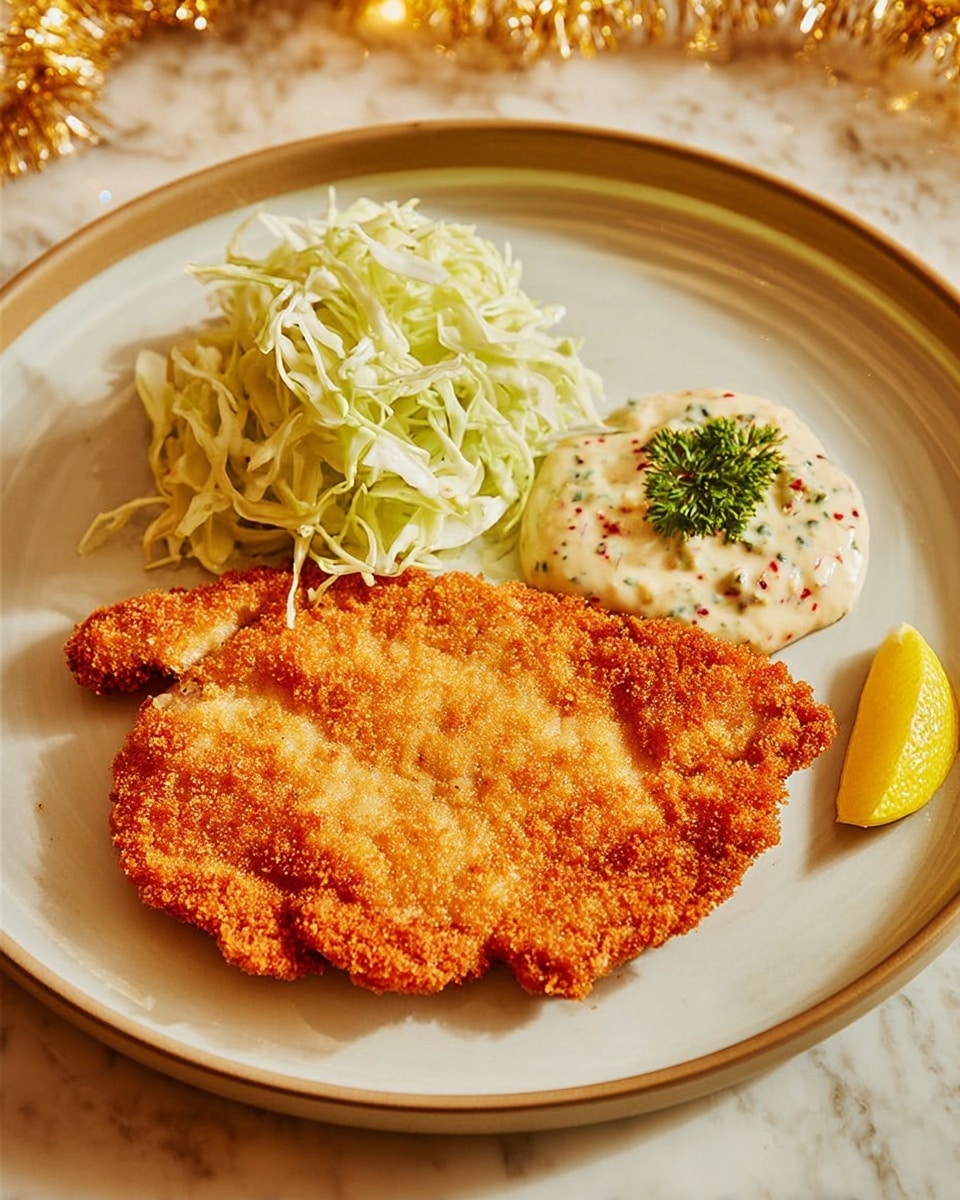 A white plate holds a large, golden-brown crispy fried cutlet covering most of the right side, with a slightly uneven, crunchy texture. On the left side, there is a pile of thin, pale shredded cabbage placed on top of the cutlet's edge. Below the cabbage is a dollop of creamy, light orange sauce with visible small red and green bits. A small yellow lemon wedge is placed at the bottom right edge of the cutlet. The scene is set on a white marbled surface with warm lighting, and there is a gold fork and knife placed at the bottom left of the plate. photo taken with an iphone --ar 4:5 --v 7