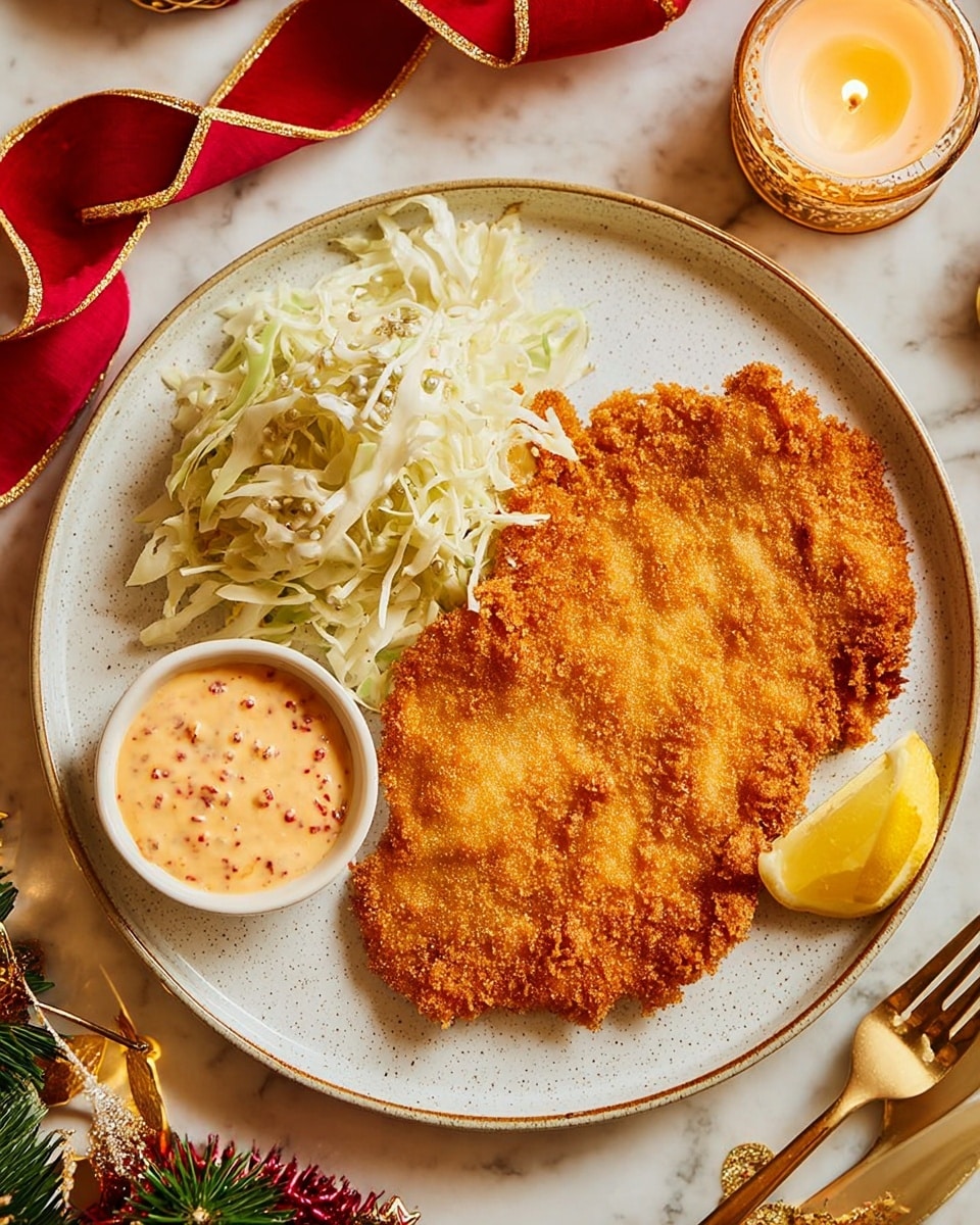 The dish features a large, golden-brown crispy fried cutlet placed on the right side of a white plate. To the left of the cutlet, there is a small pile of thinly shredded white cabbage, with a creamy light orange sauce with specks of herbs and spices next to it. A wedge of lemon rests at the bottom right edge of the cutlet. The plate is set on a white marbled surface with parts of a brown cloth underneath it. Around the plate, there are festive decorations, a lit candle, and a white and gold ornamental container. At the bottom of the frame, gold-colored fork and knife sit parallel in front of the plate. photo taken with an iphone --ar 4:5 --v 7