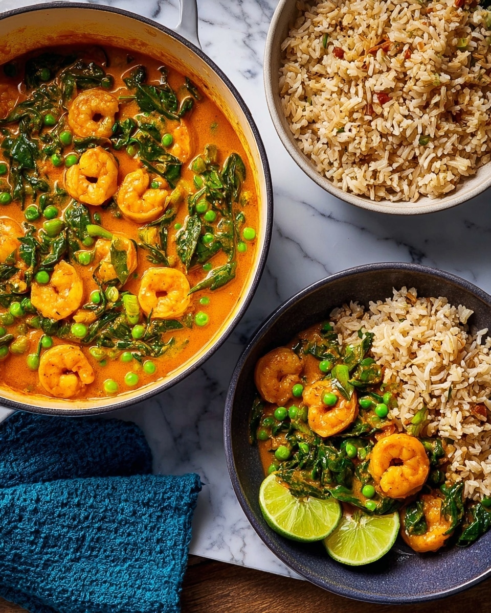 A white pot with blue handles contains a bright orange shrimp curry layered with green peas and dark green leafy spinach, all mixed in a creamy sauce. Next to the pot is a white bowl filled with light brown and white rice grains. In the bottom left, a black bowl holds a serving of the shrimp curry partially covering a portion of the same rice, garnished with two lime wedges on the side. The dishes are set on a wooden surface with a blue cloth napkin underneath. photo taken with an iphone --ar 4:5 --v 7