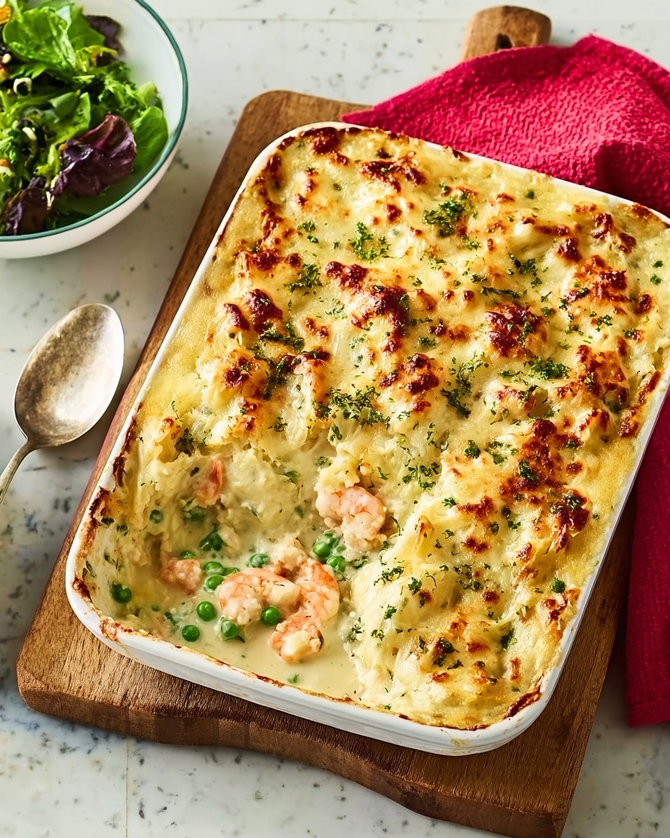 A rectangular white baking dish filled with a creamy baked casserole that has a browned, bubbly cheese crust on top with hints of green herbs and small shrimp pieces. Inside, layers of white creamy sauce mixed with chunks of white fish and bright green peas are visible where a scoop has been taken out from the corner. The dish sits on a wooden board with a silver spoon to the side, a coral cloth napkin partly underneath the dish, and fresh green salad in a white bowl nearby, all set on a white marbled surface. photo taken with an iphone --ar 4:5 --v 7