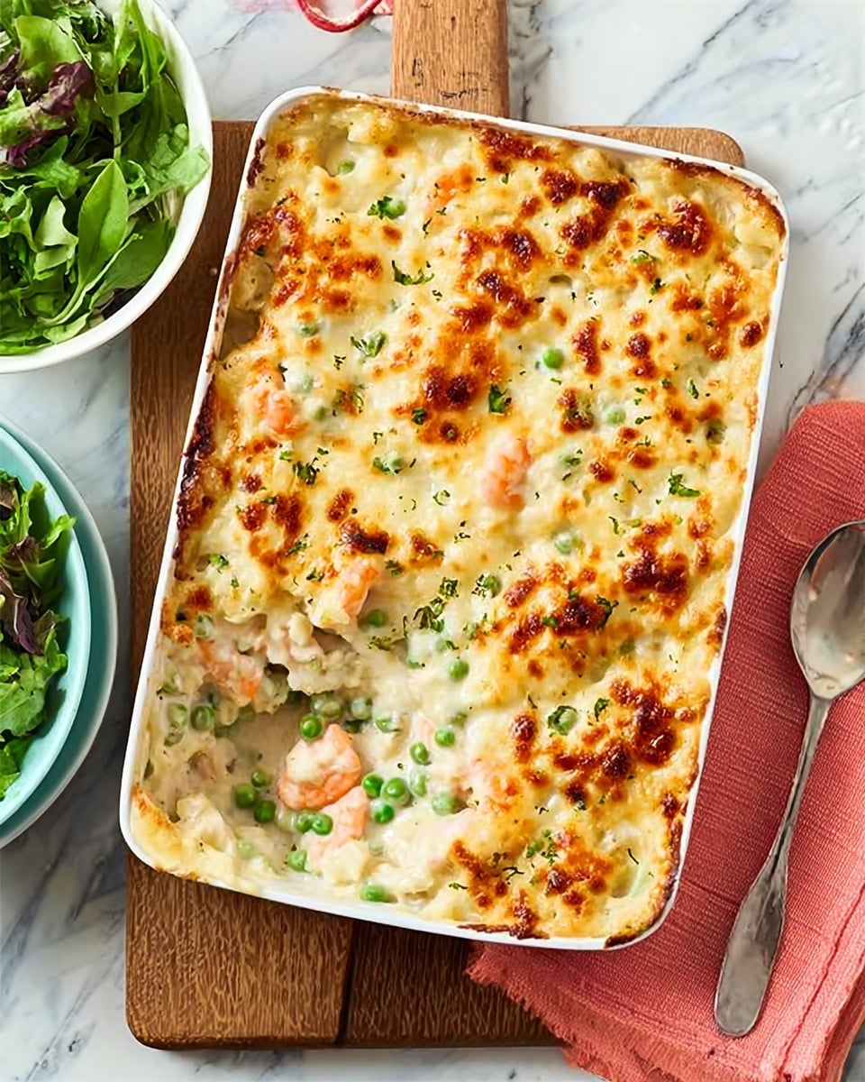 A white rectangular dish filled with a creamy baked casserole, showing two layers: the bottom layer is a mix of green peas and pieces of cooked pink shrimp in a white creamy sauce, and the top layer is a golden-browned melted cheese crust with some green herb bits scattered throughout. A scoop has been taken out from the bottom left corner, revealing the soft filling inside. The dish sits on a wooden board on a white marbled surface, with a spoon nearby and a white bowl of green leafy salad with a red cloth napkin partially visible on the right side. Photo taken with an iphone --ar 4:5 --v 7