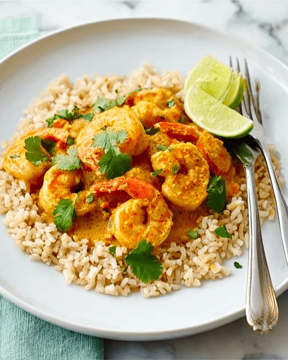 The image shows a white plate filled with a layer of light brown cooked rice as the base. On top of the rice, there is a second layer of bright orange shrimp mixed with a creamy orange sauce. Small green herb leaves are scattered over the shrimp, adding a fresh touch. A green lime wedge is placed on the right side of the plate. The plate is sitting on a white marbled surface, and a silver fork and knife are placed in front of the plate. Photo taken with an iphone --ar 4:5 --v 7