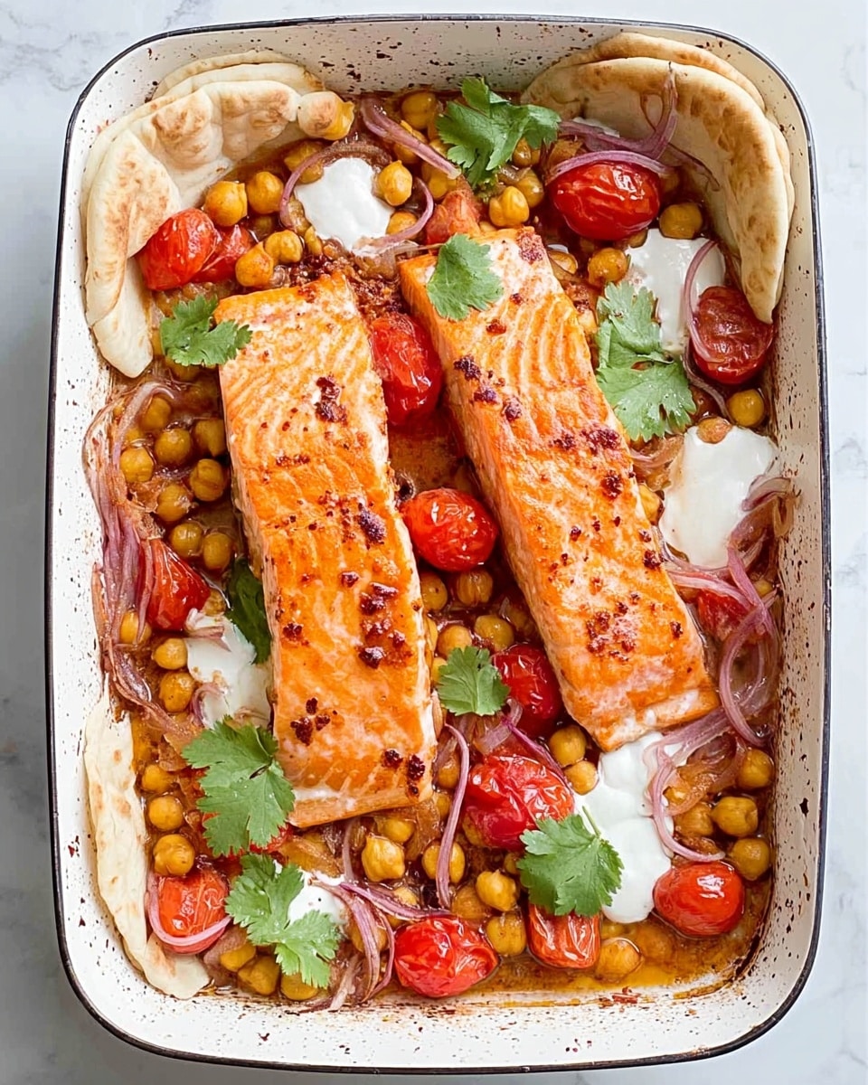A white rectangular dish on a white marbled surface holds two pieces of cooked salmon fillets, golden brown on top with a slightly crispy texture. They rest on a bed of chickpeas and small cherry tomatoes, cooked until softened. Thin slices of red onion are scattered around, some slightly caramelized. Fresh cilantro leaves are placed on top as a garnish. Pieces of light, soft flatbread are tucked behind the salmon, partly resting on the edge of the dish. The sauce around the salmon and chickpeas is a warm orange color, slightly thick. Photo taken with an iphone --ar 4:5 --v 7
