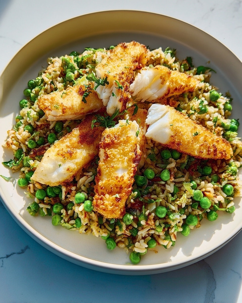 A white bowl holds a dish with three golden-brown grilled fish fillets placed on top. Below the fish, there is a layer of cooked brown rice mixed with green peas and chopped green onions, creating a colorful and textured base. The white bowl sits against a white marbled surface, adding to the fresh look of the meal. photo taken with an iphone --ar 4:5 --v 7