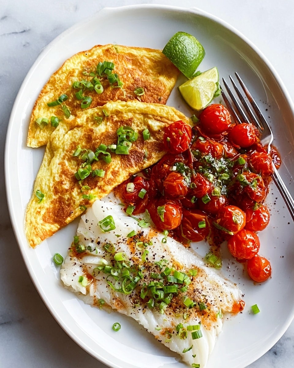 The image shows a white oval plate with three main parts: two golden-brown folded omelette pieces topped with small green sliced scallions on the left, a bright red cherry tomato sauce with chopped green herbs on the lower middle, and a white, flaky piece of cooked fish garnished with black pepper and green herbs on the right, next to a lime wedge. A silver fork with a bit of fish on it rests on the right side of the plate. The plate is placed on a white marbled textured surface with part of a white bowl containing more tomato sauce visible in the top right corner. Photo taken with an iphone --ar 4:5 --v 7