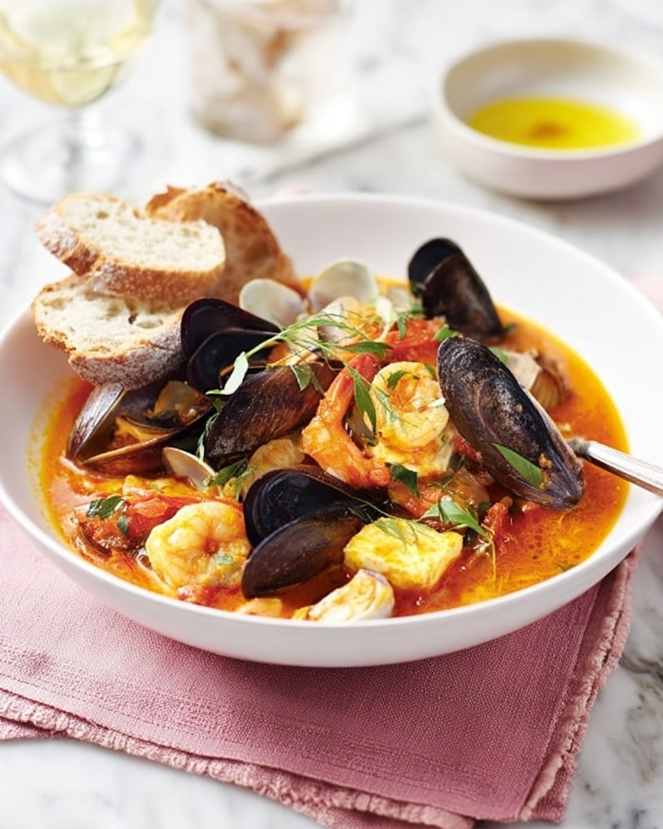 A white bowl filled with a seafood stew sits on a pink cloth on a white marbled surface. The stew has several layers: the bottom is a rich, red tomato broth, topped with pieces of shrimp that are orange and curled, dark blue-black mussels with their shells open, chunks of white fish, and small yellow pieces of corn or potatoes. On the side, two pieces of crusty, light brown bread are leaning against the bowl. In the background, there is a white square dish with a yellow sauce and a plate with some greens, all set on the white marbled surface. Photo taken with an iphone --ar 4:5 --v 7