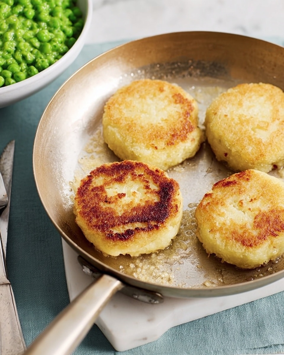The image shows four golden brown fried rounds with a slightly crispy and uneven textured surface, resting in a slightly worn metal frying pan. Each round is light yellow with darker brown spots from frying, showcasing a rough and crumbly texture. The pan is placed on a white marbled surface, and at the bottom left corner, there is a white bowl filled with vibrant green mashed peas, softly textured. Some cooking salt is visible at the bottom right side outside the pan. Photo taken with an iphone --ar 4:5 --v 7
