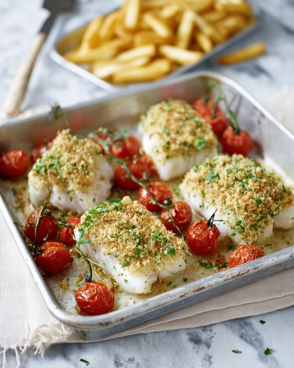 A silver rectangular baking tray sits on a white marbled surface with a white cloth underneath. Inside the tray, there are four pieces of white fish, each topped with a golden brown, crumbly herb crust with green flecks. Between the fish pieces, small red cherry tomatoes on the vine add a bright contrast. In the blurred background, a white plate holds golden-brown French fries with a metal spatula resting beside it. The scene is bright and clean, showing a fresh, home-cooked meal. photo taken with an iphone --ar 4:5 --v 7