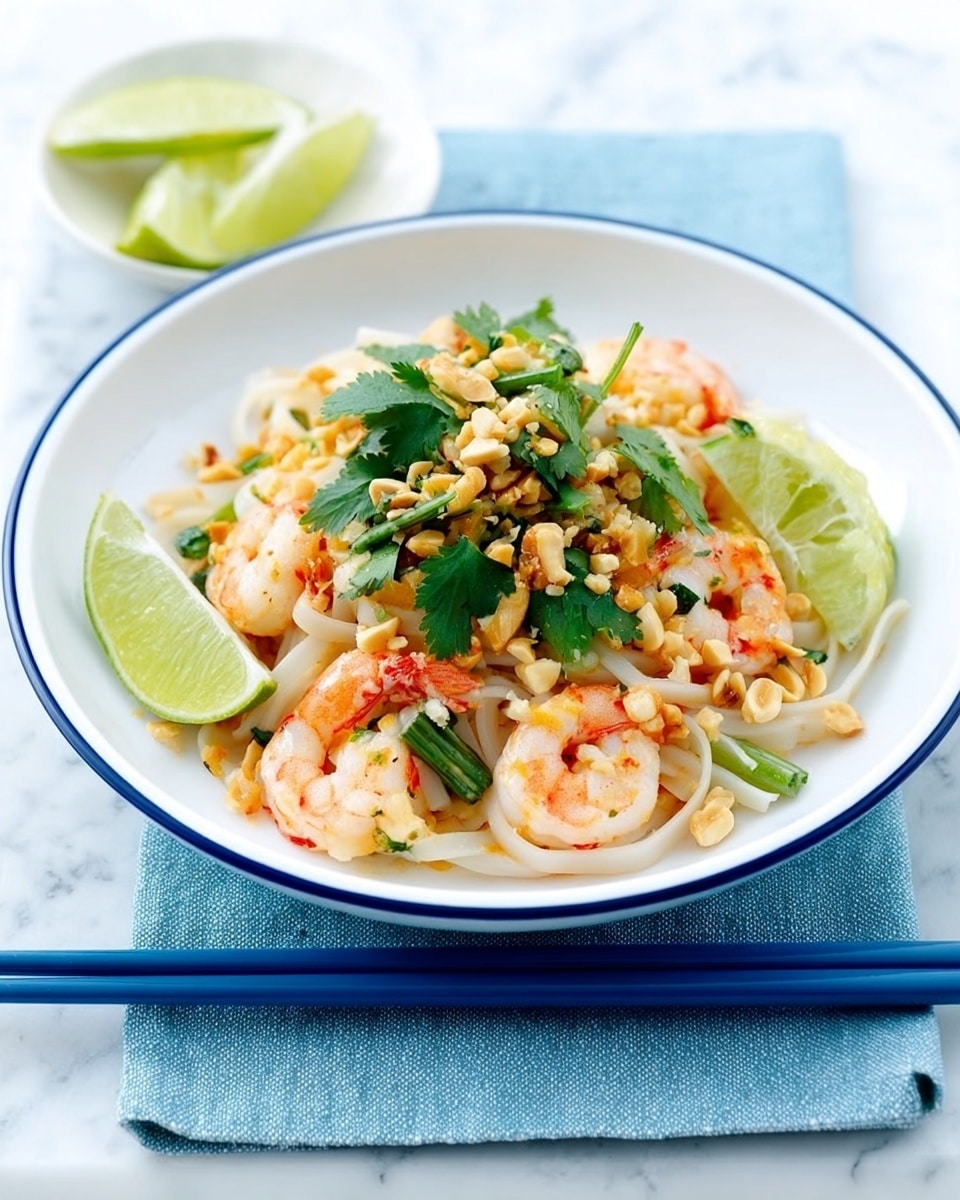 The image shows a white plate with a blue rim filled with a noodle dish. The bottom layer is smooth white noodles, topped with cooked shrimp that have a light pink and slightly charred appearance. Green vegetable pieces are scattered throughout the noodles. There are crushed peanuts sprinkled on top, adding a crunchy texture, along with fresh green cilantro leaves. Small lime wedges with bright green skin and pale green inside are placed on top, adding color contrast. The plate is set on a white marbled surface. Blue chopsticks are placed in front of the plate, and a folded light blue cloth is in the back right corner. A small white bowl filled with peanuts is partially visible in the top left. photo taken with an iphone --ar 4:5 --v 7