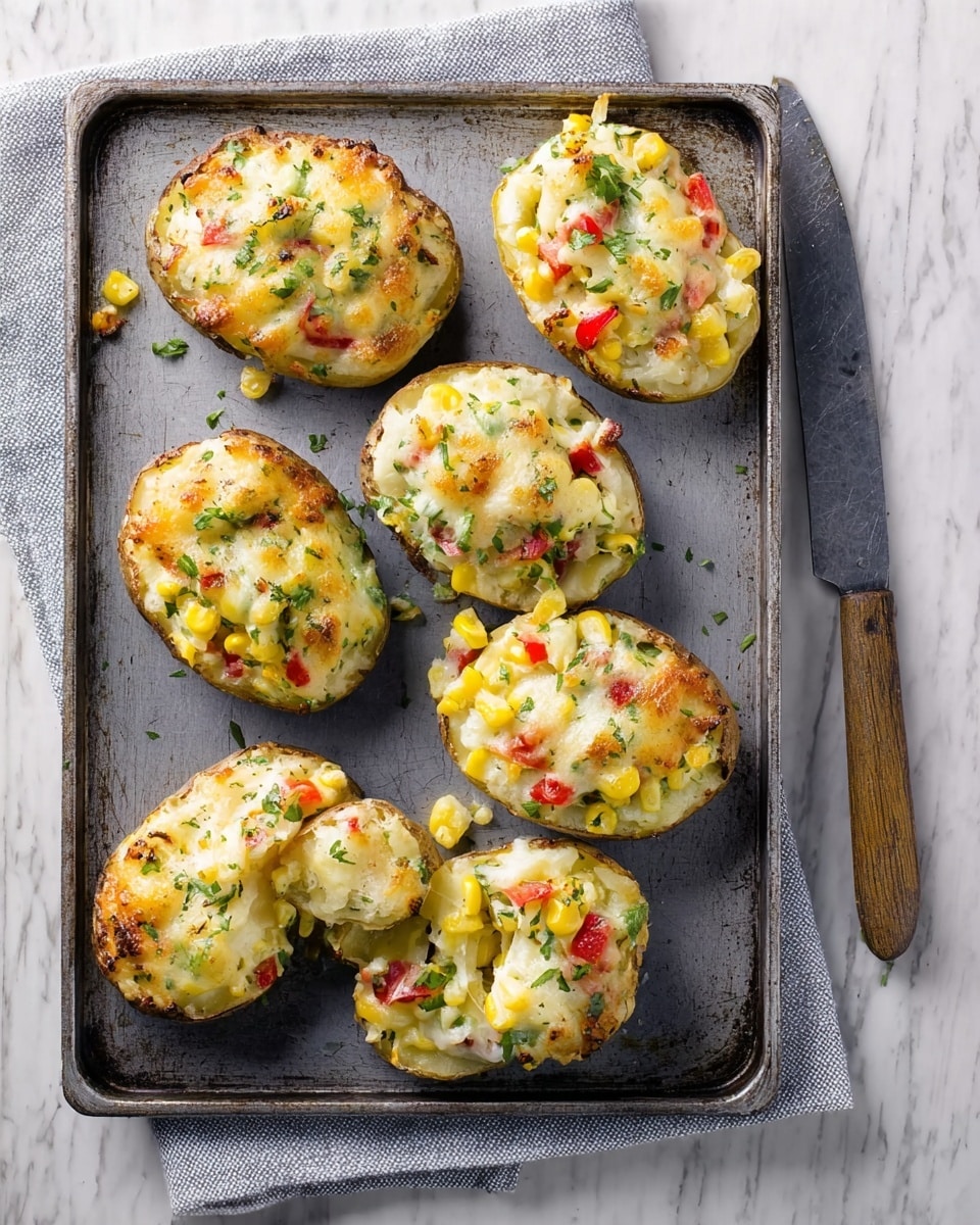 The image shows seven stuffed baked potato halves arranged on a dark baking tray sitting on a white marbled surface. Each potato half is topped with a colorful mix of diced red bell peppers, yellow corn kernels, green herbs, and melted cheese that has a lightly browned texture. The potatoes have a slightly wrinkled skin and the filling looks creamy and chunky. There is a knife with a brown wooden handle placed on the right side of the tray resting partly on the tray and partly on the surface below. Photo taken with an iphone --ar 4:5 --v 7