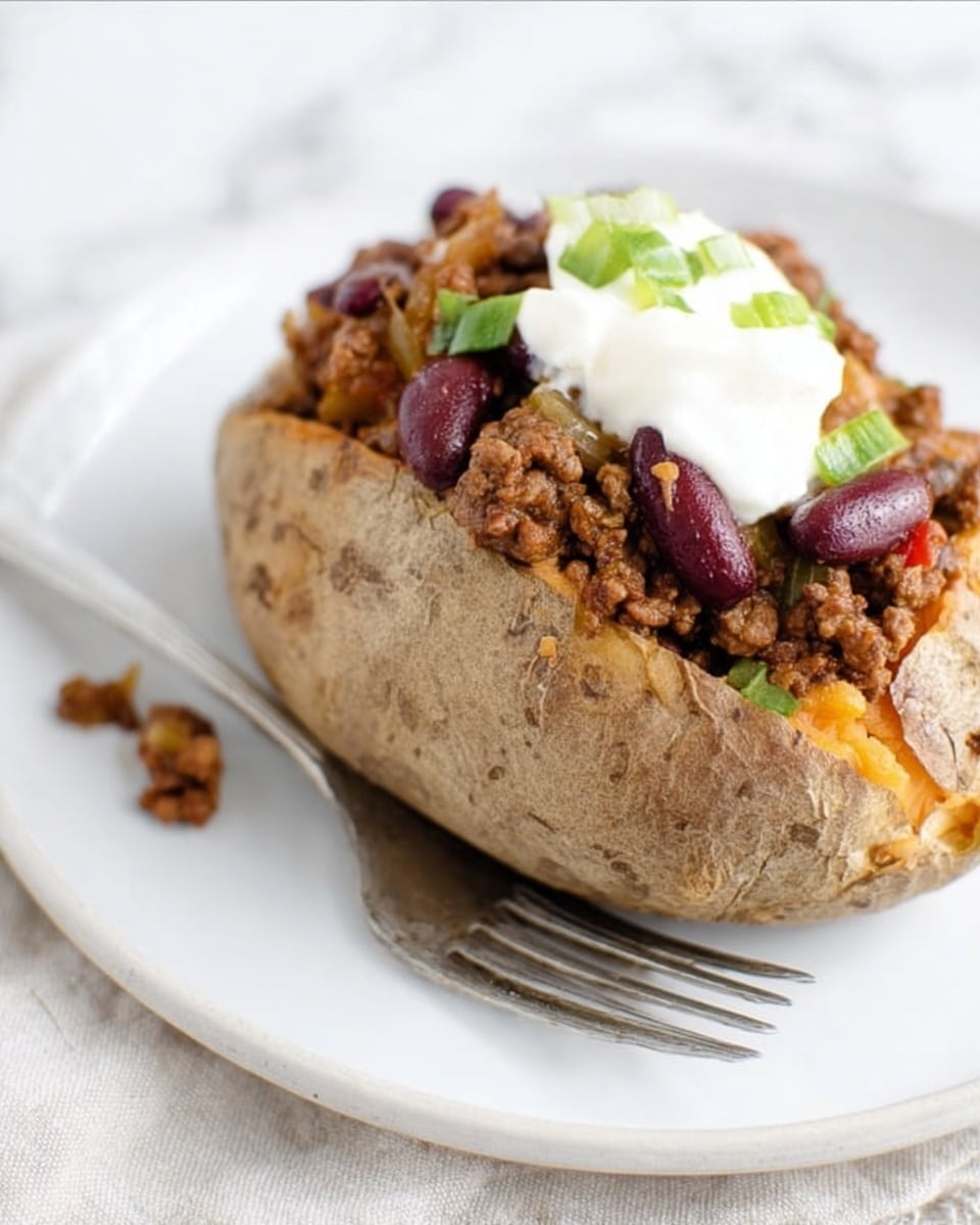 A white plate holds a baked potato with its skin slightly cracked open, showing soft orange inside. On top, there is a thick layer of brown chili meat mixed with dark red kidney beans and bits of green pepper. A smooth white dollop of sour cream rests over part of the chili, adding a creamy contrast. Next to the potato, there is a silver fork with a simple design. The whole scene sits on a white marbled surface. Photo taken with an iphone --ar 4:5 --v 7