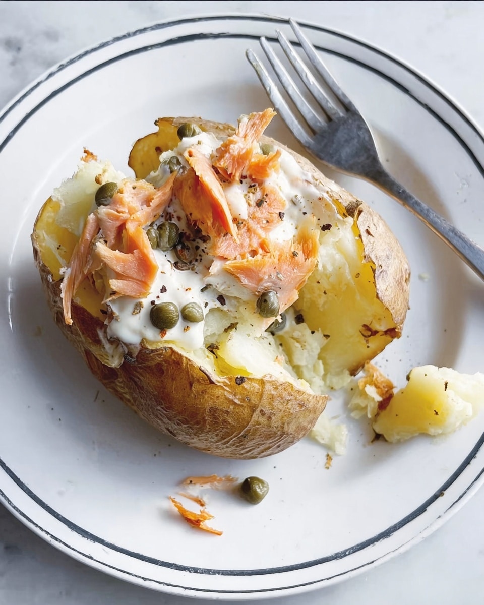 A white plate with a thin black line near the edge holds a baked potato, split open in the middle, showing a soft, light yellow inside. On top, there is a layer of melted white cream with a smooth texture, small pieces of light brown salmon, and scattered green capers. Some black pepper and small green herbs are sprinkled around the potato on the plate. A silver fork rests on the right side of the plate. The background is a white marbled surface. Photo taken with an iphone --ar 4:5 --v 7