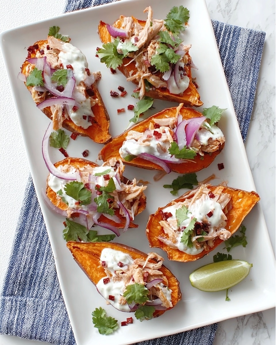 The image shows five roasted sweet potato halves placed on a white rectangular tray with rounded edges, on a white marbled surface with a striped cloth partially under the tray. Each sweet potato half has a deep orange color with a slightly browned, crispy skin as the base layer. The second layer is a generous amount of shredded chicken, which is light beige and slightly fibrous, spread evenly over the sweet potatoes. Thin slices of purple-red onion are scattered on top along with small green cilantro leaves placed randomly. A dollop of white creamy sauce is added on each sweet potato half, with some black pepper sprinkled lightly on top. The overall look is fresh and colorful with a mix of textures. photo taken with an iphone --ar 4:5 --v 7