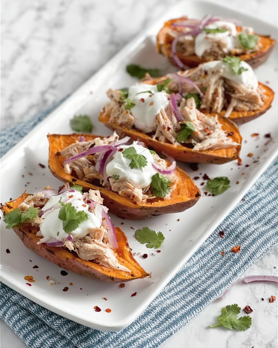 The dish shows five pieces of sweet potato halves with their orange, smooth flesh as the base layer, placed on a white rectangular plate over a white marbled surface. Each sweet potato half is topped with shredded white meat, resembling chicken tuna, adding a fibrous texture. Thin slices of purple-red onion rings are scattered over and around the sweet potatoes, giving a fresh, crisp layer. A white creamy sauce is dolloped on top of each sweet potato half, providing a smooth, rich contrast. Small green cilantro leaves and tiny red spice flakes are sprinkled across the dish for color accent and a fresh feel. Photo taken with an iphone --ar 4:5 --v 7