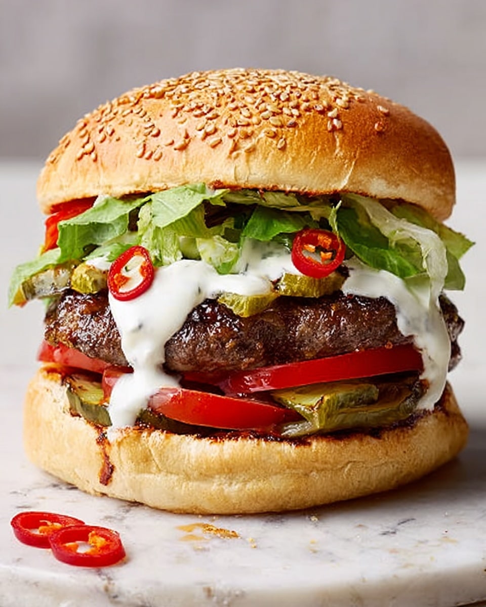 A sesame seed topped bun with the top half slightly lifted to show the layers inside: at the bottom, a soft, light brown bun, followed by slices of red tomato, then a layer of green pickles with wavy edges, topped with a cooked brown beef patty covered in white sauce drizzling down the sides. On top of the beef patty, there are bright green lettuce leaves and slices of red chili peppers scattered over the white sauce. The background is a white marbled surface with some sliced red chili pieces scattered around. Photo taken with an iphone --ar 4:5 --v 7
