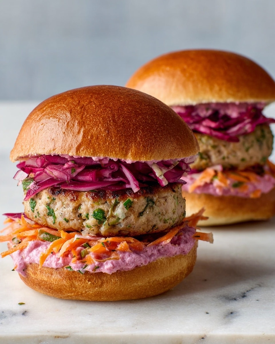 Two burgers are placed on a white marbled surface, each with a smooth, shiny golden-brown bun top. The bottom bun holds thin slices of purple onion and a layer of grated orange carrot. Above that, there is a thick, well-cooked, and slightly browned meat patty mixed with herbs. On top of the patty, there is a thick spread of bright pink creamy sauce with shredded bits. The burgers are slightly apart, with some scattered bits of carrot and onion on the surface. Photo taken with an iphone --ar 4:5 --v 7