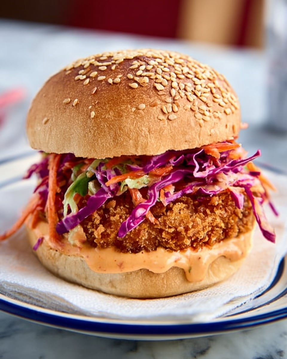 A close-up of a sandwich with a sesame seed bun on a white plate with a blue rim, placed on a white marbled surface. The sandwich has three visible layers: at the bottom, a thick, lightly toasted bun with a layer of creamy, pinkish-orange sauce; in the middle, a crispy, golden-brown fried patty; on top of the patty, a colorful slaw made of shredded purple cabbage and red carrots with some green herbs mixed in, lightly coated with more pink-orange sauce that drips slightly down the sides. The sandwich is wrapped partly in white paper under the bottom bun. photo taken with an iphone --ar 4:5 --v 7
